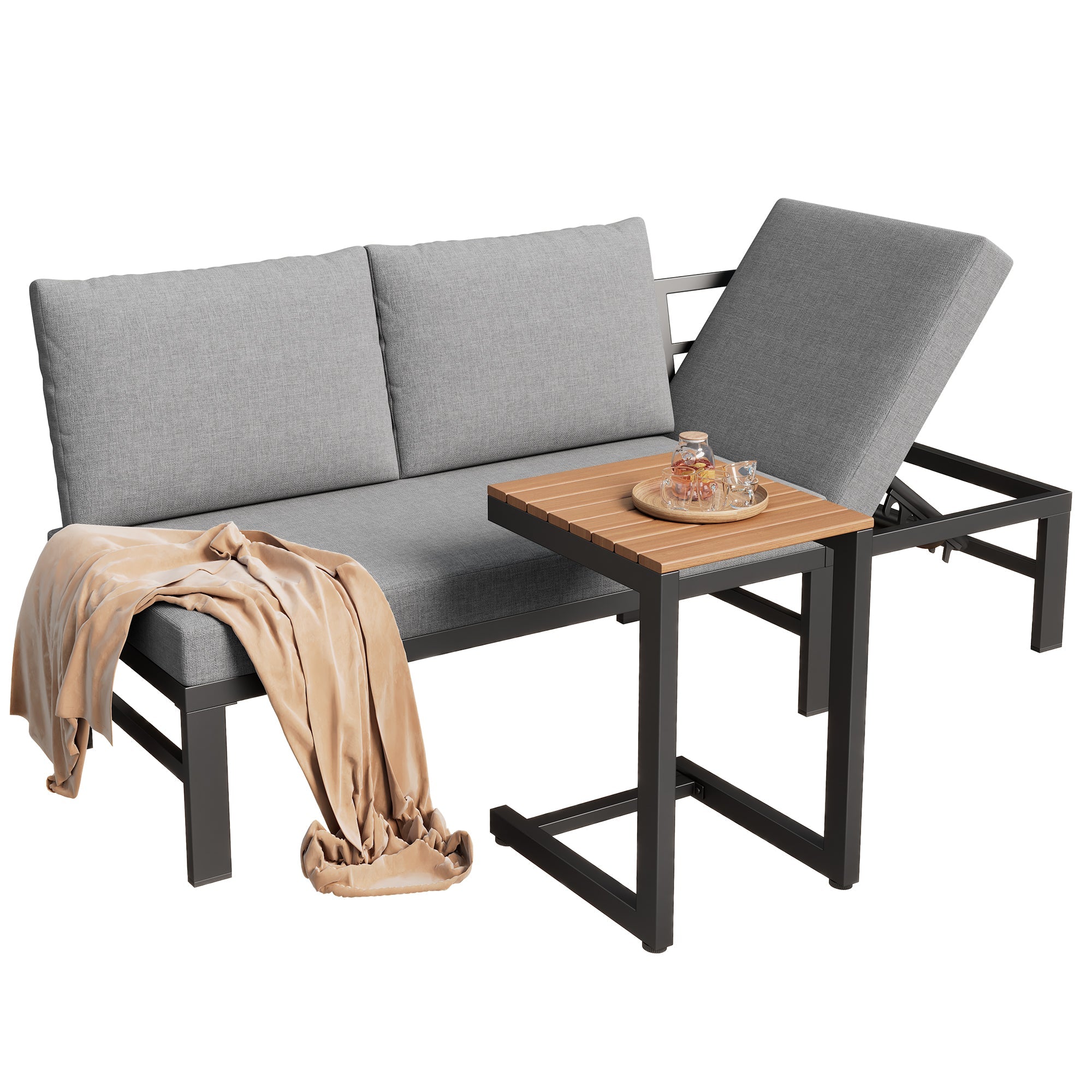 Garden Furniture Set, 3-Seater Outdoor Sofa with Reclining Function and Table, Grey