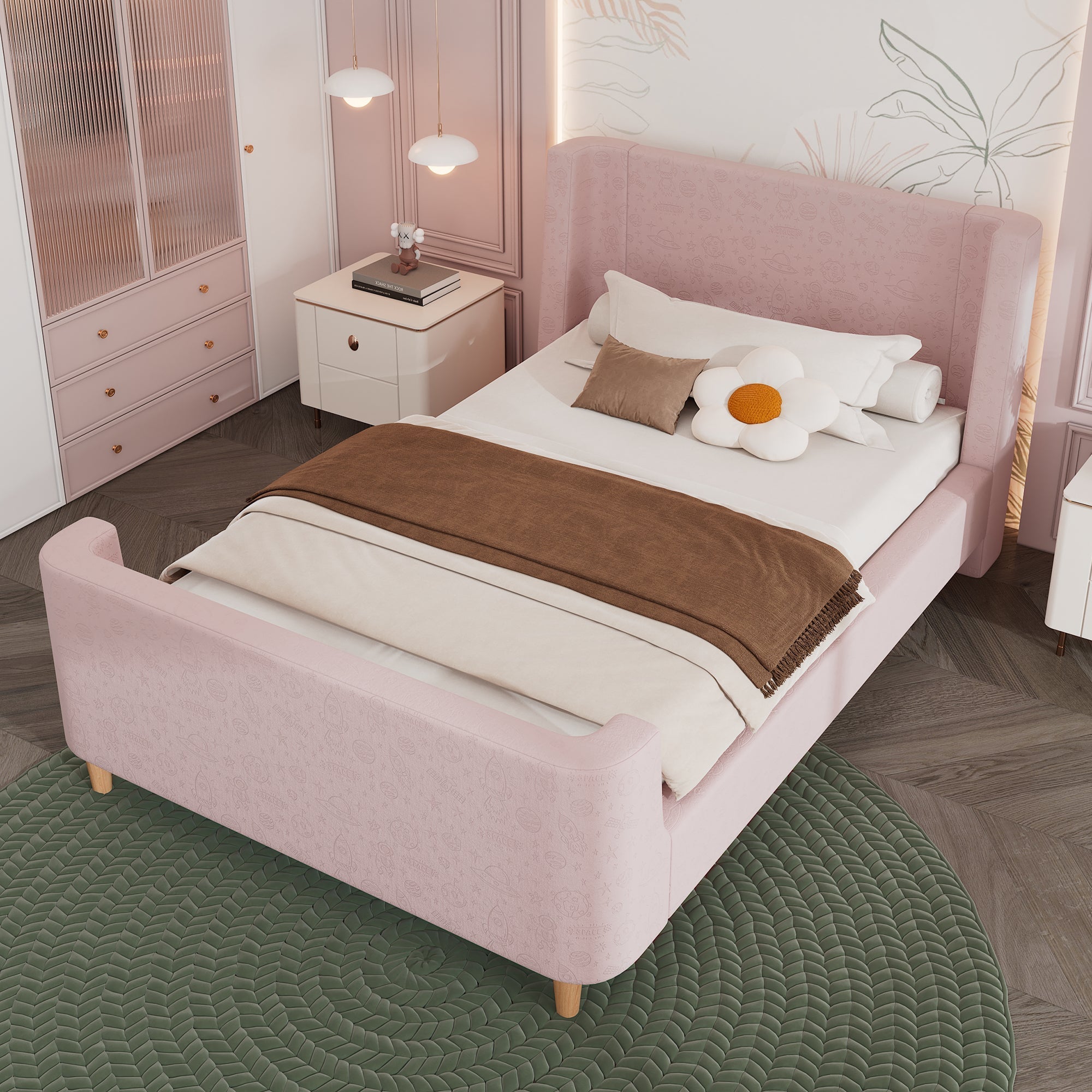 Children's Bed Upholstered Sleigh Bed, Cosmic Pattern, 90x200cm, Pink Velvet