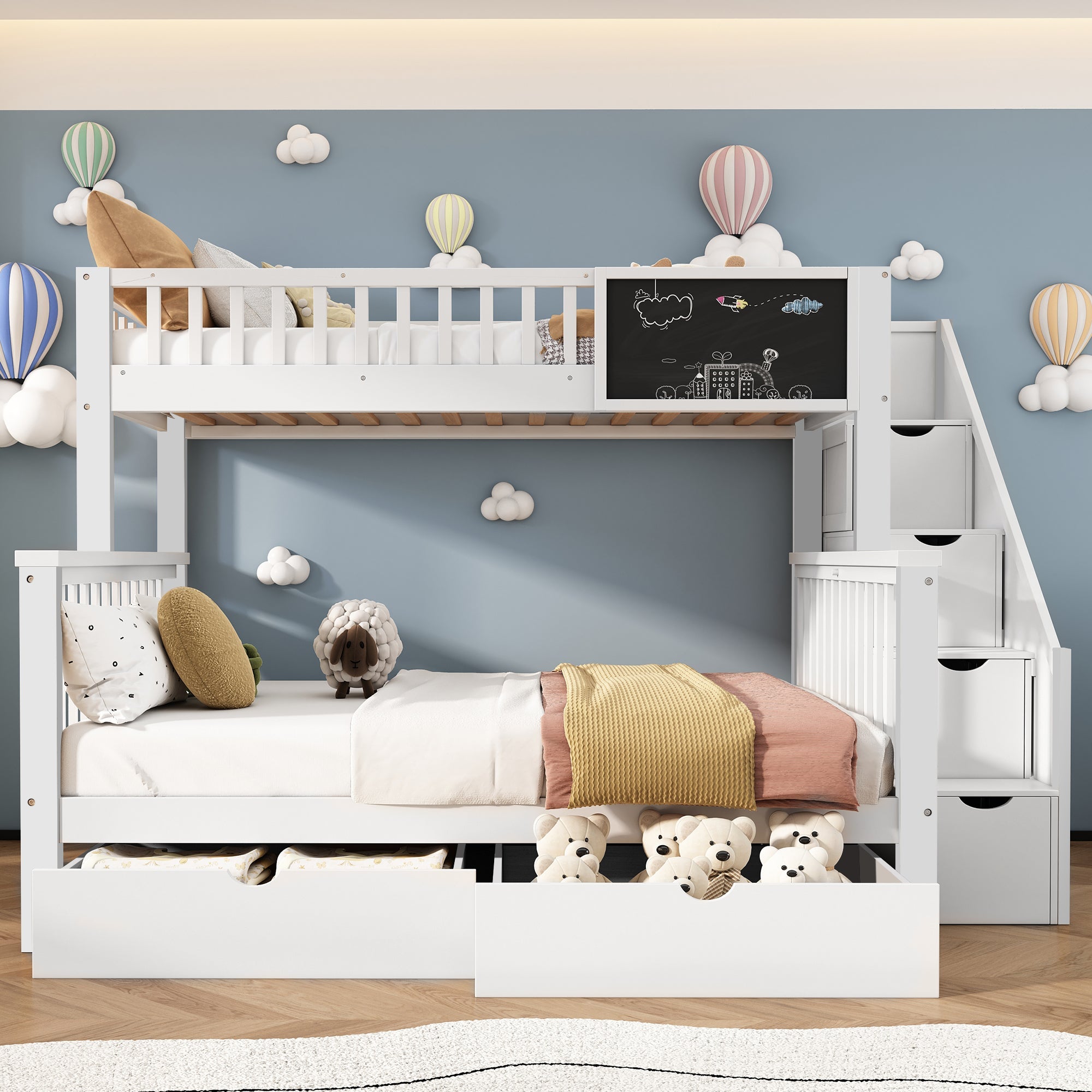 Multifunctional Bunk Bed with Chalkboard and Drawers, 90x200cm and 140x200cm, White
