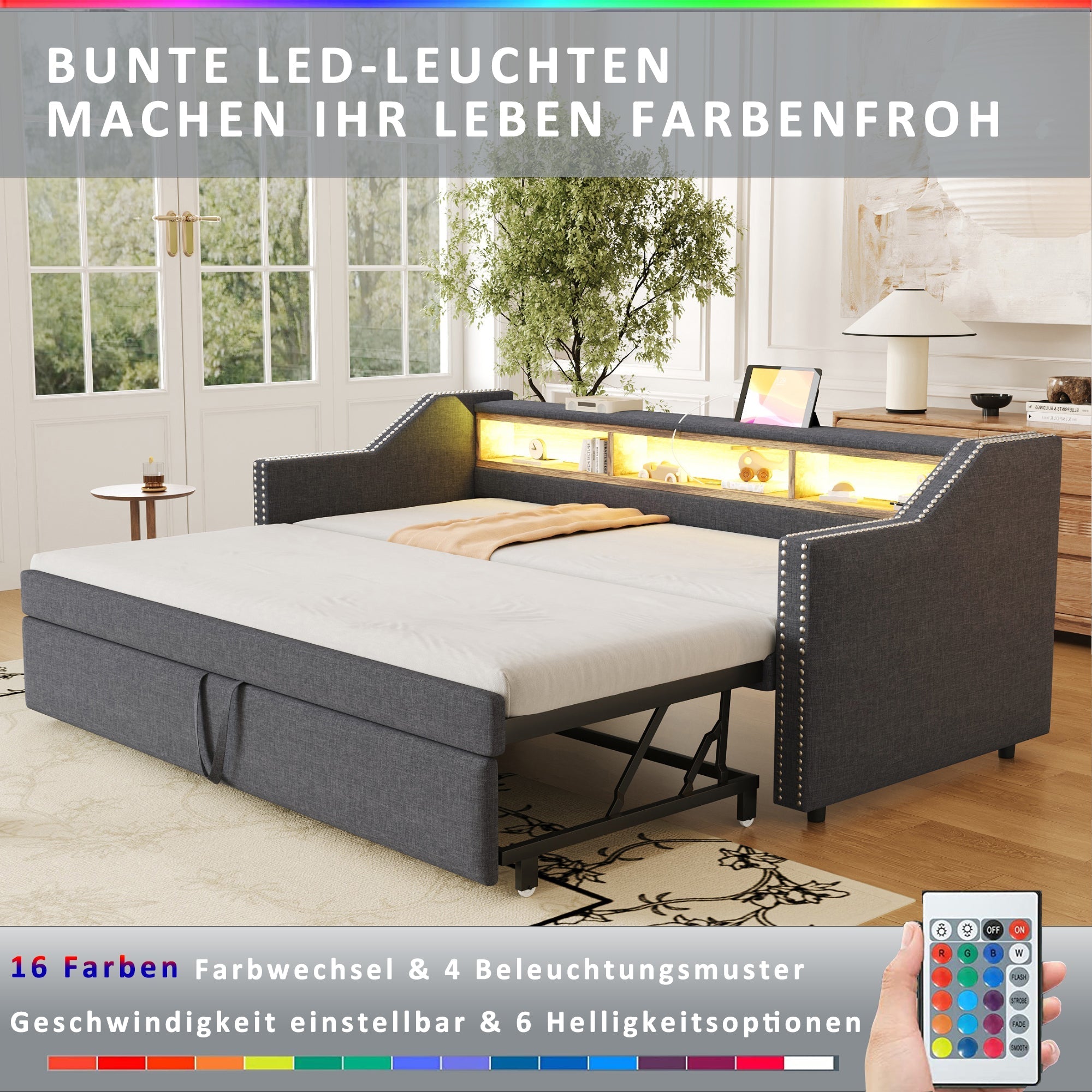 Upholstered Extendable Sofa Bed 90/180x190cm Storage LED USB - Dark Grey
