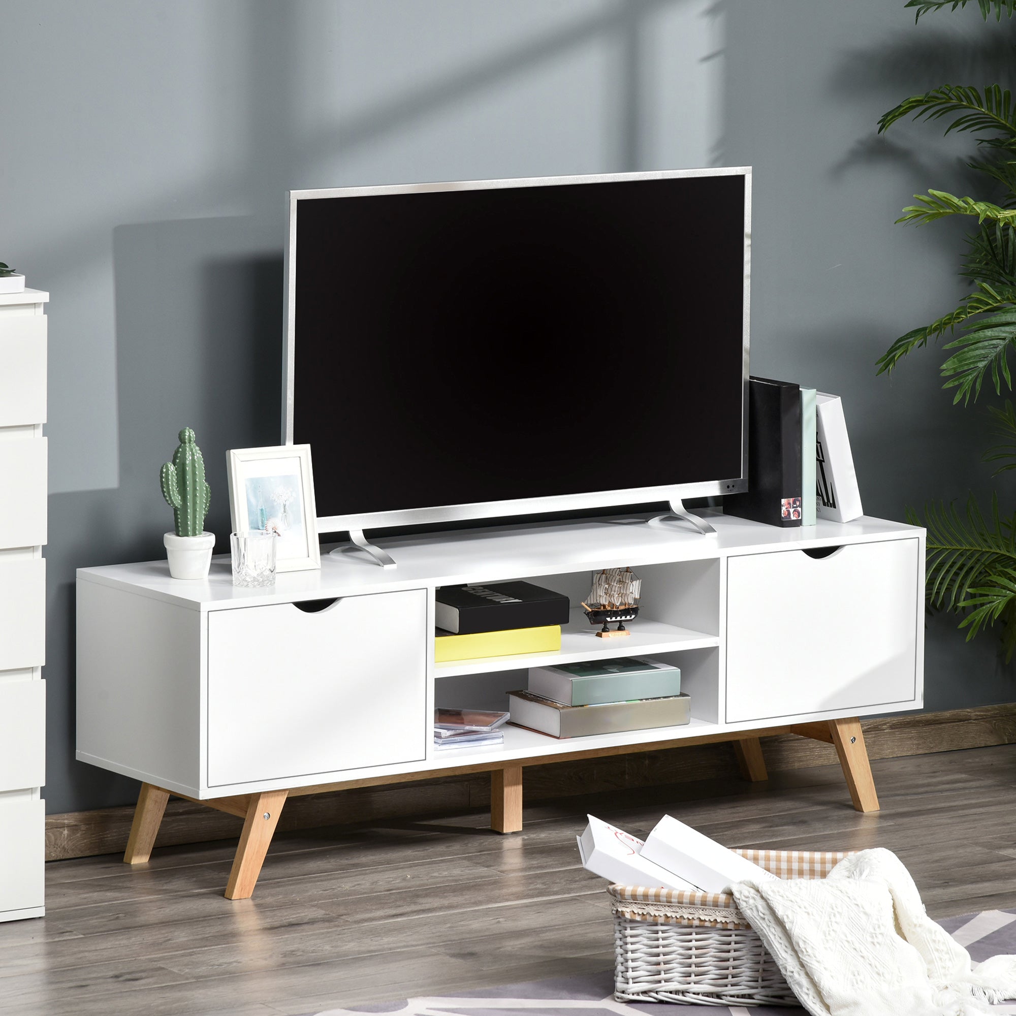 TV Stand Cabinet for TVs up to 65" with Storage & Wood Legs, White