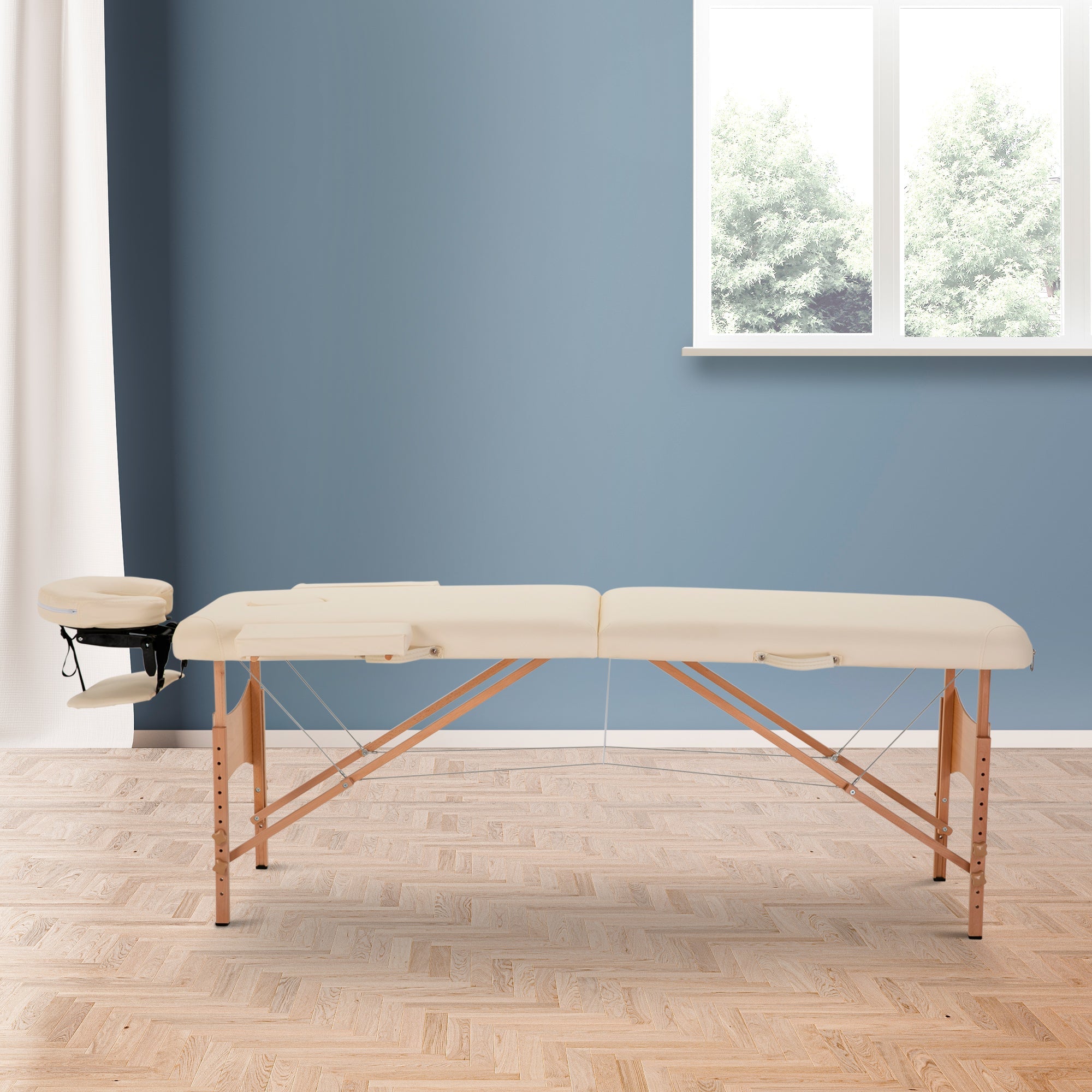 Massage Table, Foldable Height-Adjustable with Headrest, Artificial Leather Wood Cream