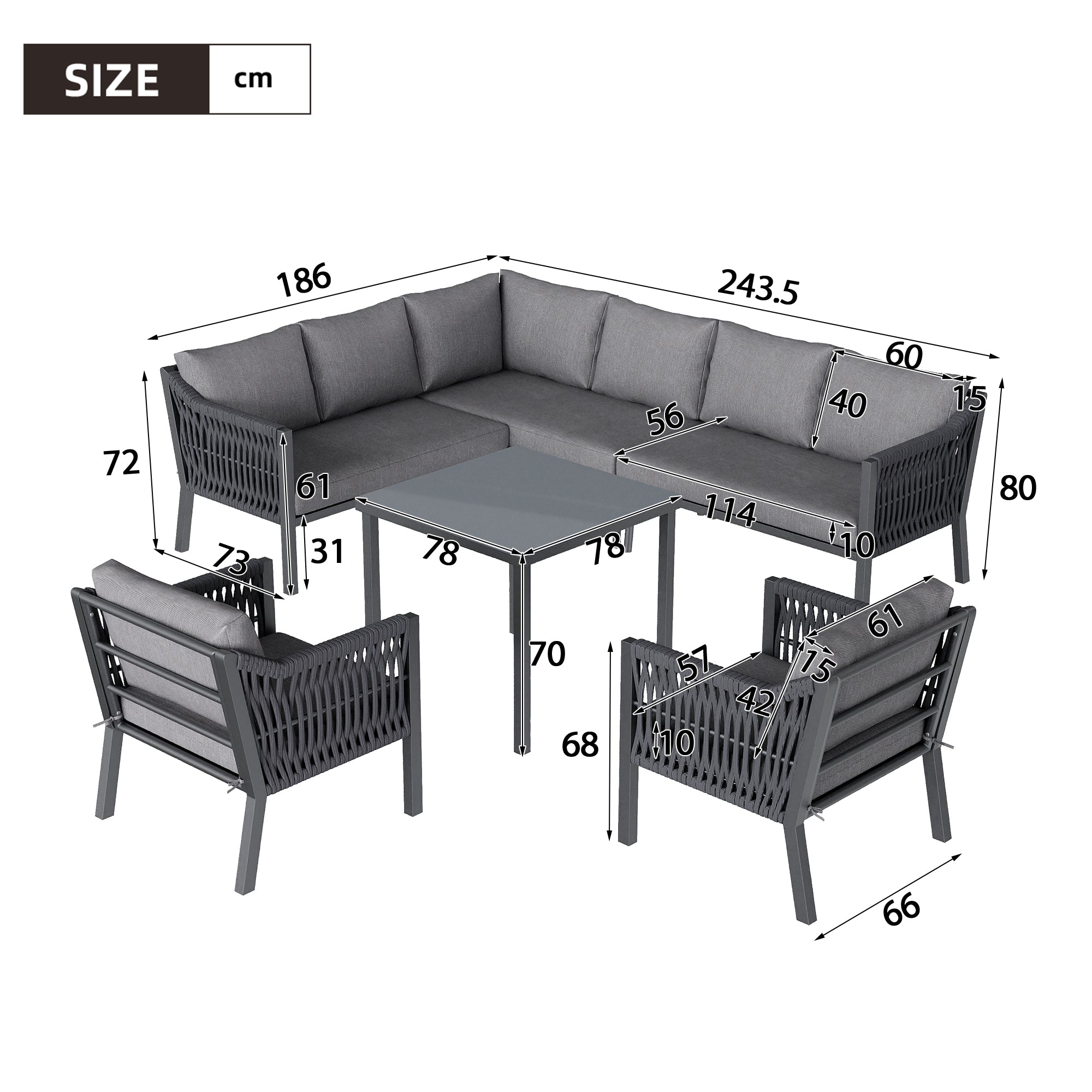Garden Dining Set, 8-Person Corner Sofa with Table and Armchairs, Grey Hand-Woven Rope and Galvanized Iron
