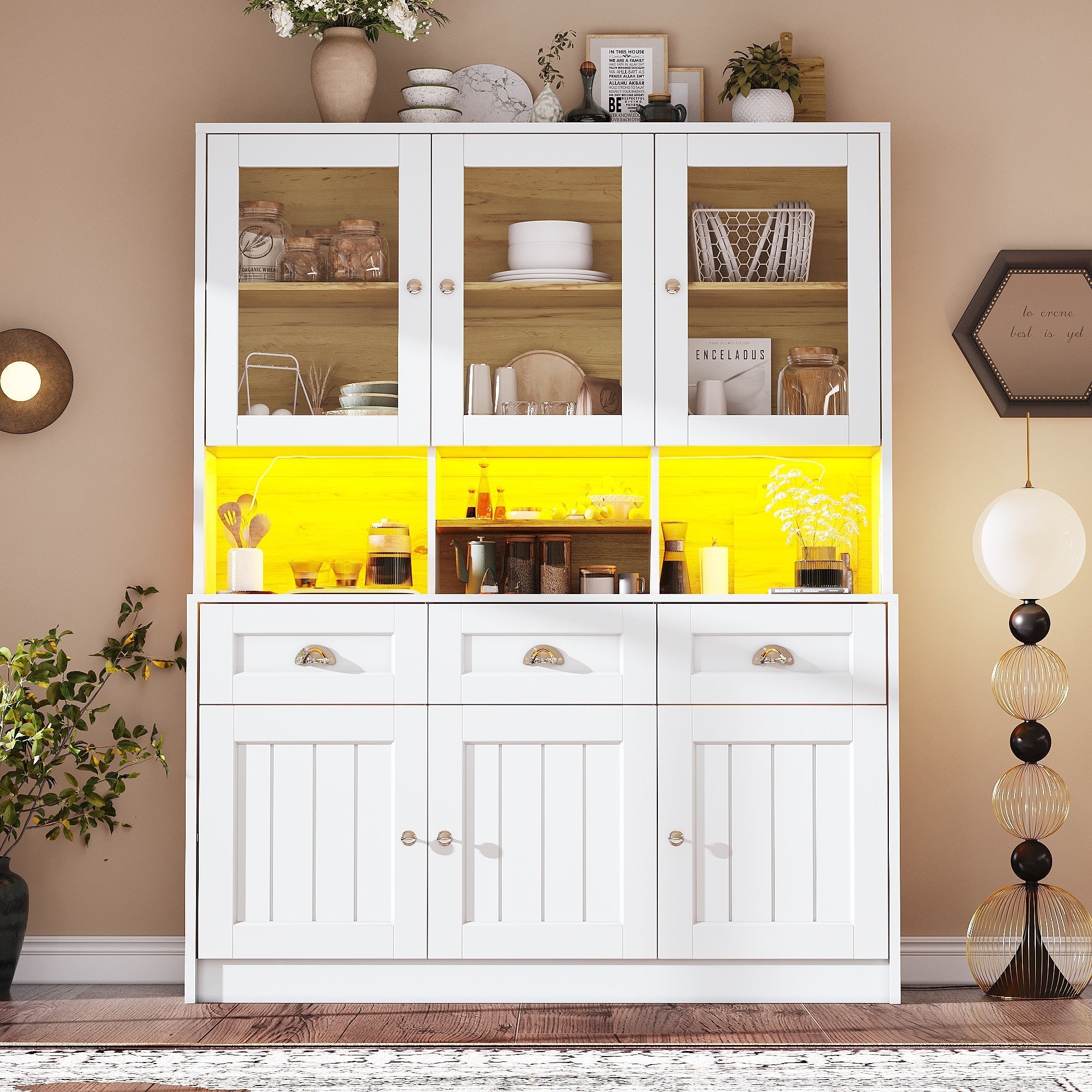 Tall Kitchen Cabinet 140x40x175cm Adjustable Shelves LED Lighting White/Black