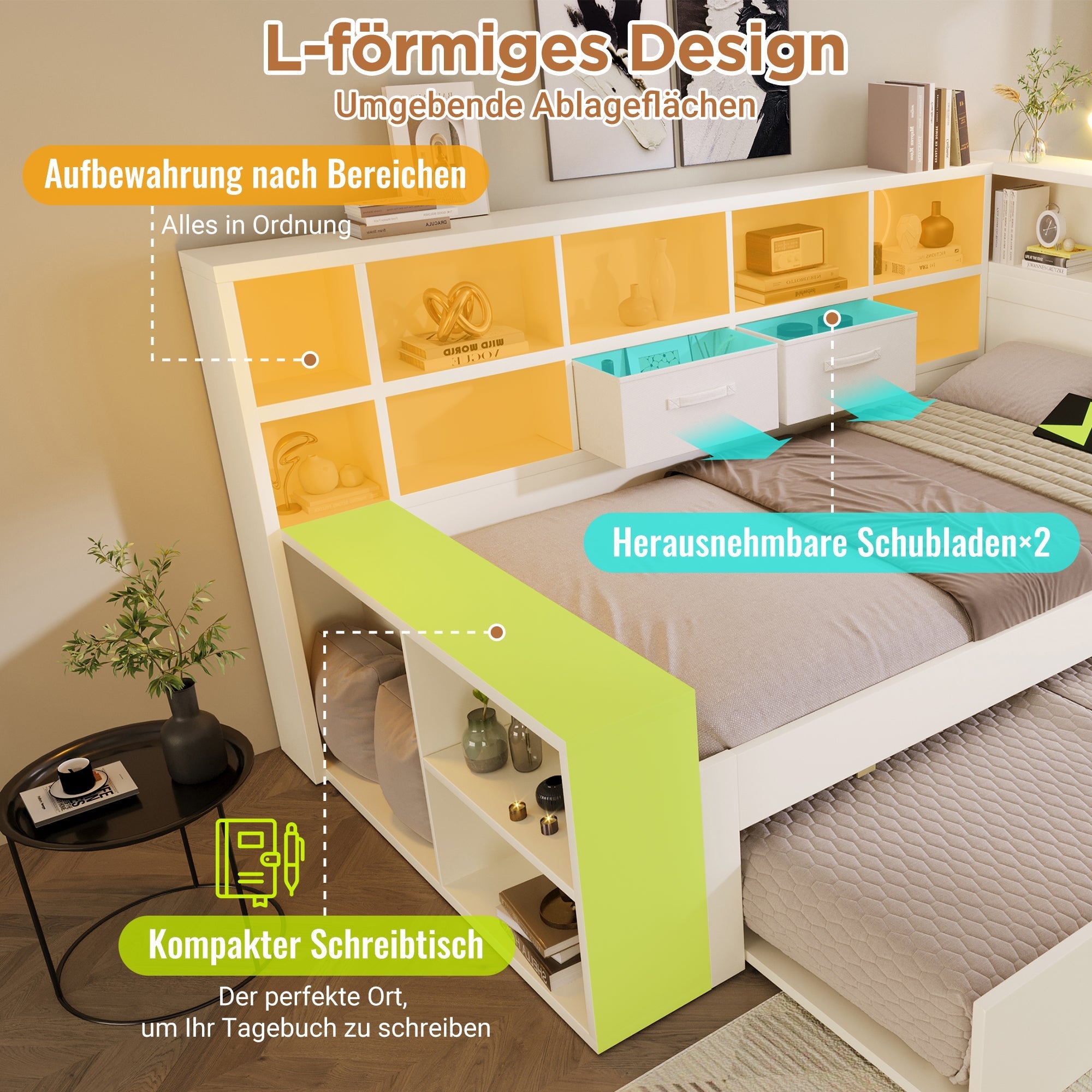 Single Bed with Pull-Out Bed, Shelves and USB Charging, White