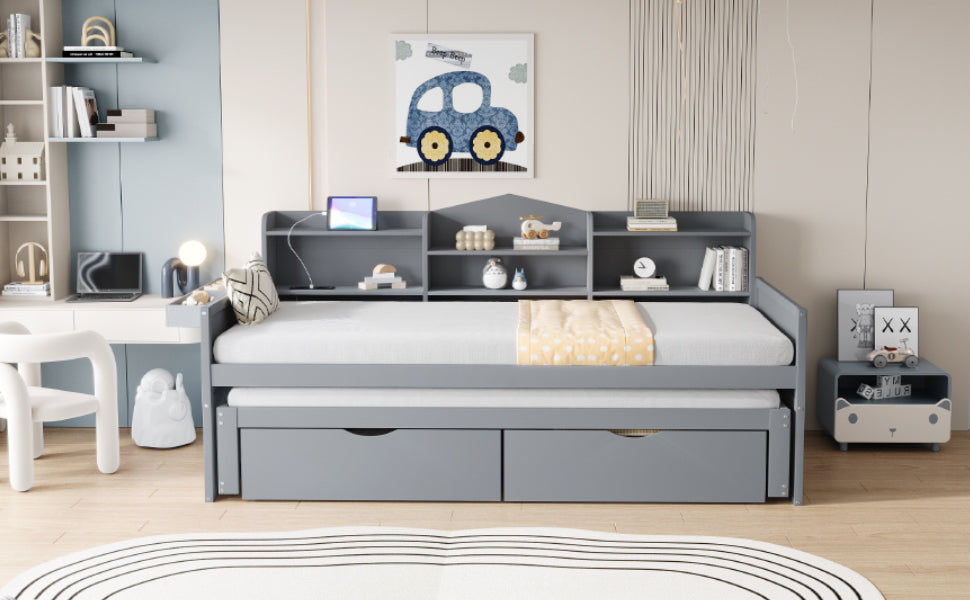 Sofa bed 90*200 with Pull-Out Bed, Drawers & USB Socket, Wood, Gray