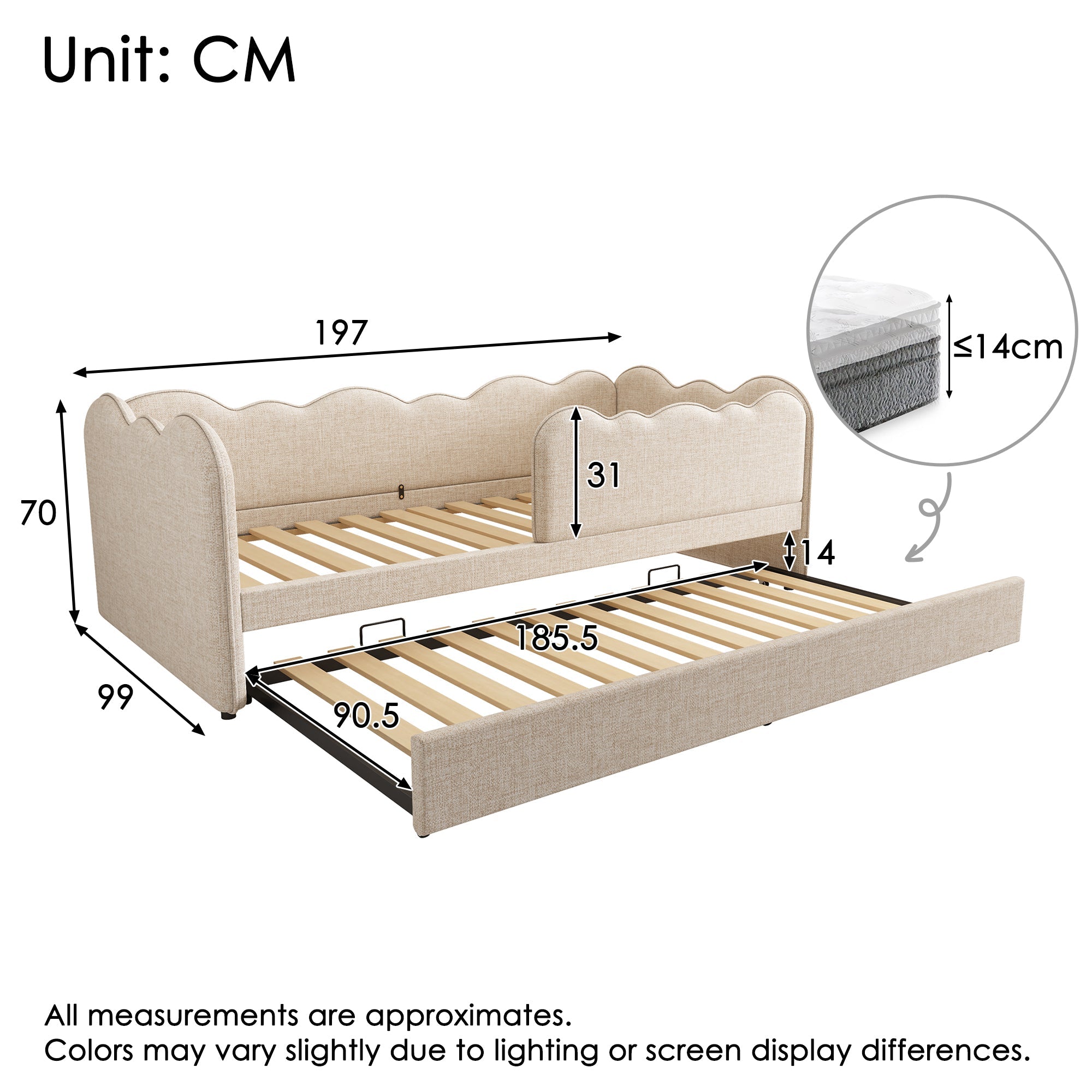 Upholstered Daybed Sofa Bed 90x190cm, Pull-out Bed Slatted Base, Linen Beige