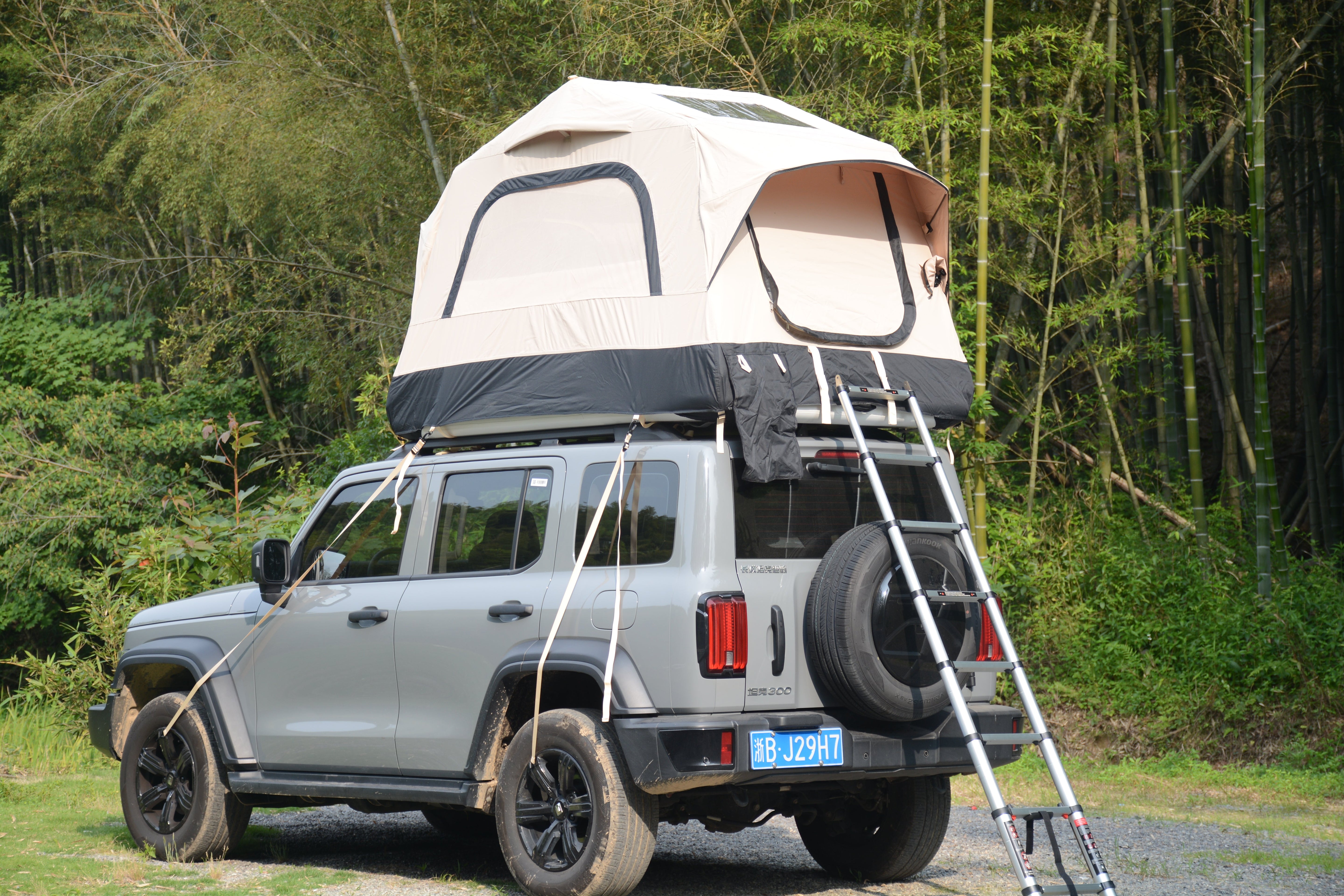 Inflatable Camping Tent with Hand Pump, Roof Tent - Beige + Black