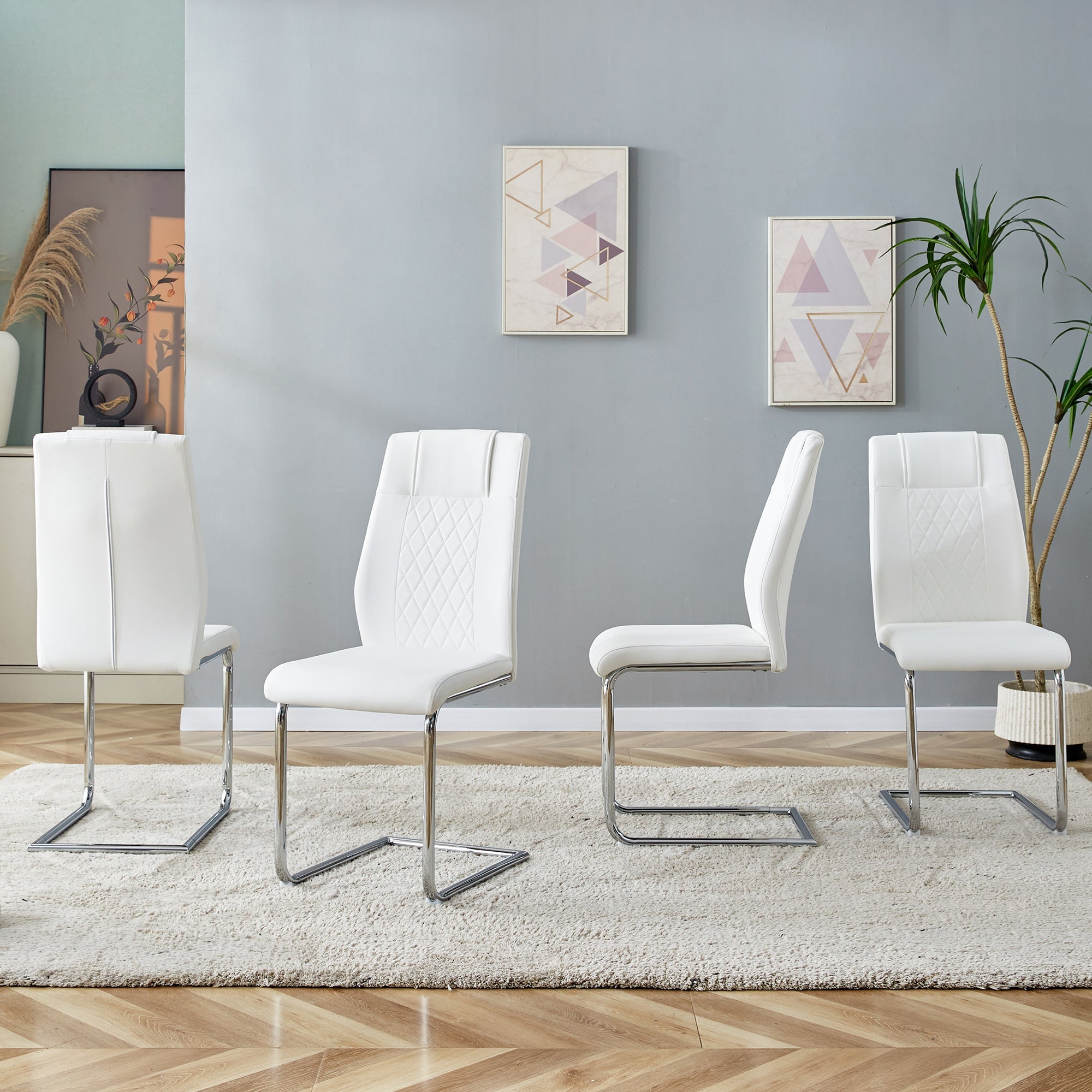 Scandinavian Dining Chairs Set of 4 Mesh Back Metal Legs - White PU