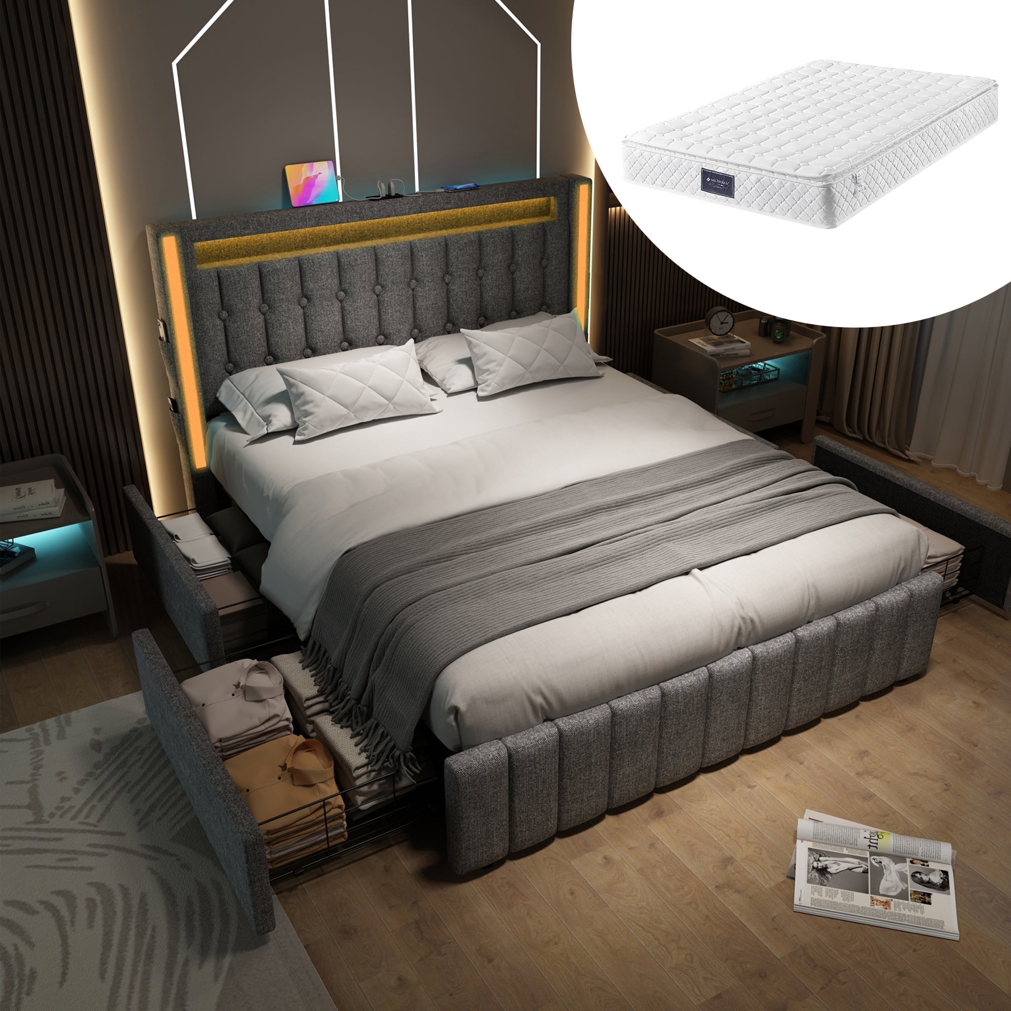 Upholstered Bed, USB C LED 4-Drawer, 160x200cm, Wood Frame, Gray