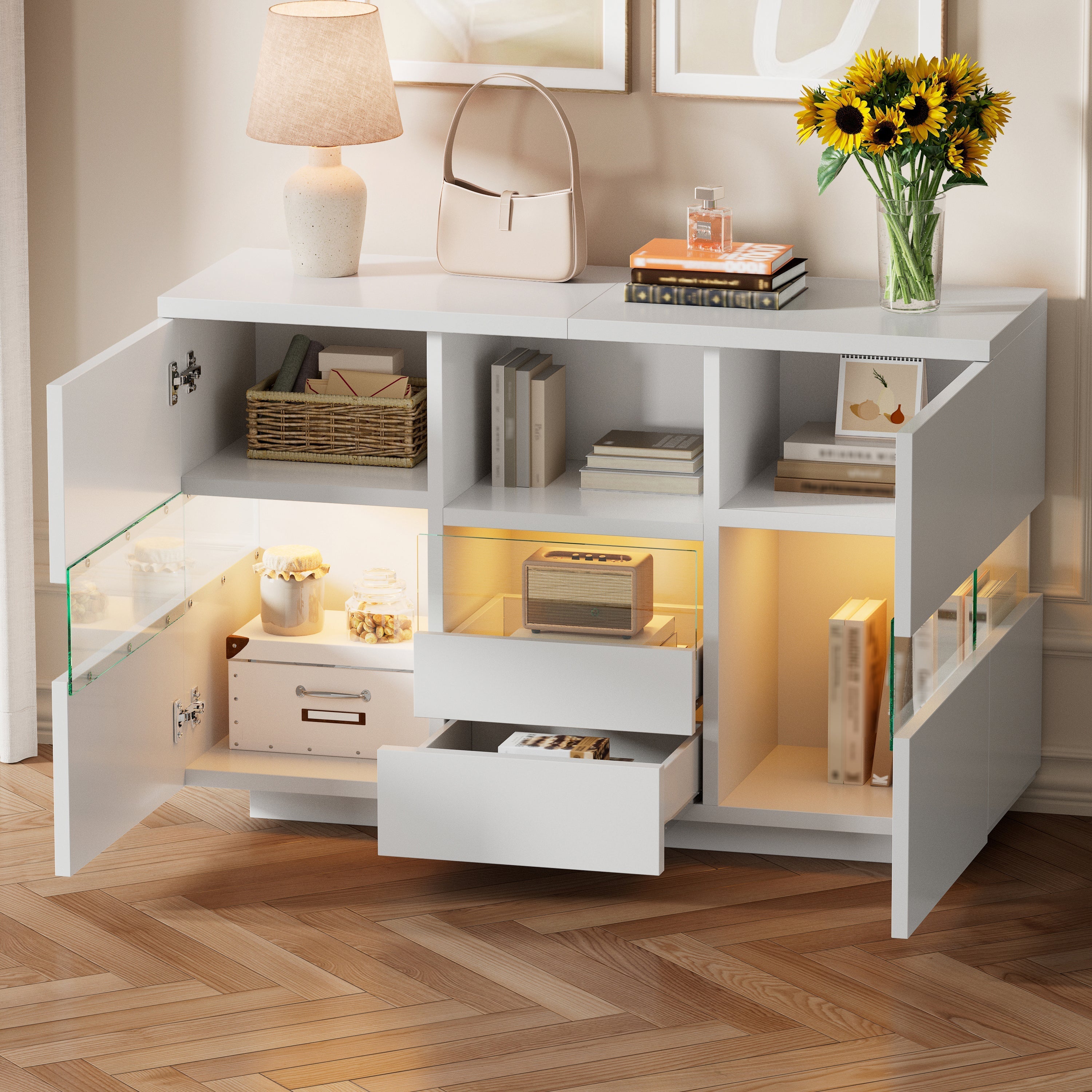 Minimalist Living Room Cabinet Double Level Floating Floor Storage White
