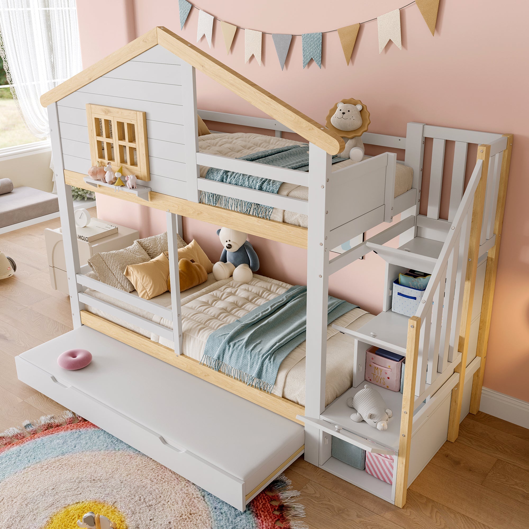 Bunk Bed with Pull-out Bed, Storage Ladder and House Frame, White and Natural