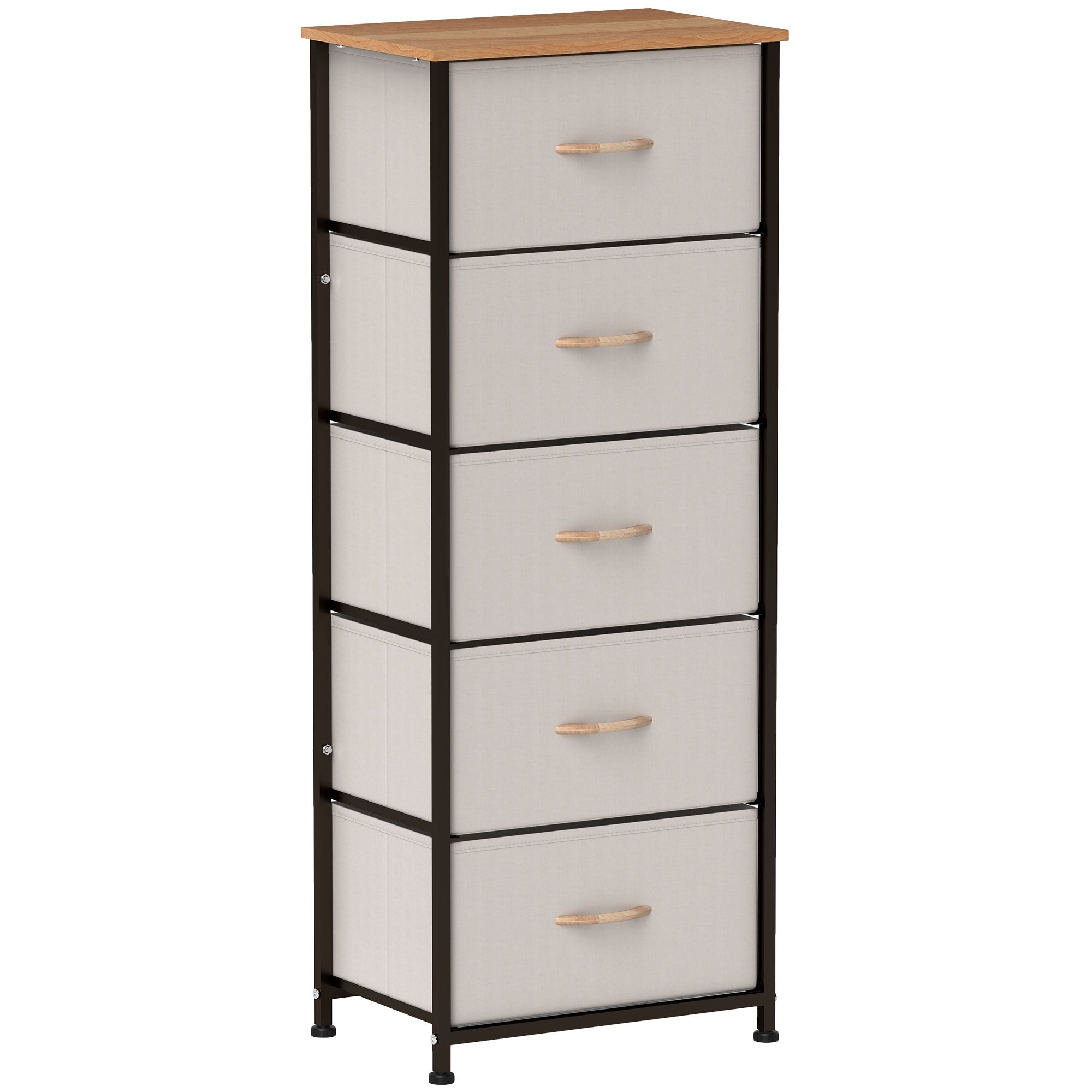 Fabric Chest of Drawers, Industrial 5 Drawer Dresser with Steel Frame, Cream White