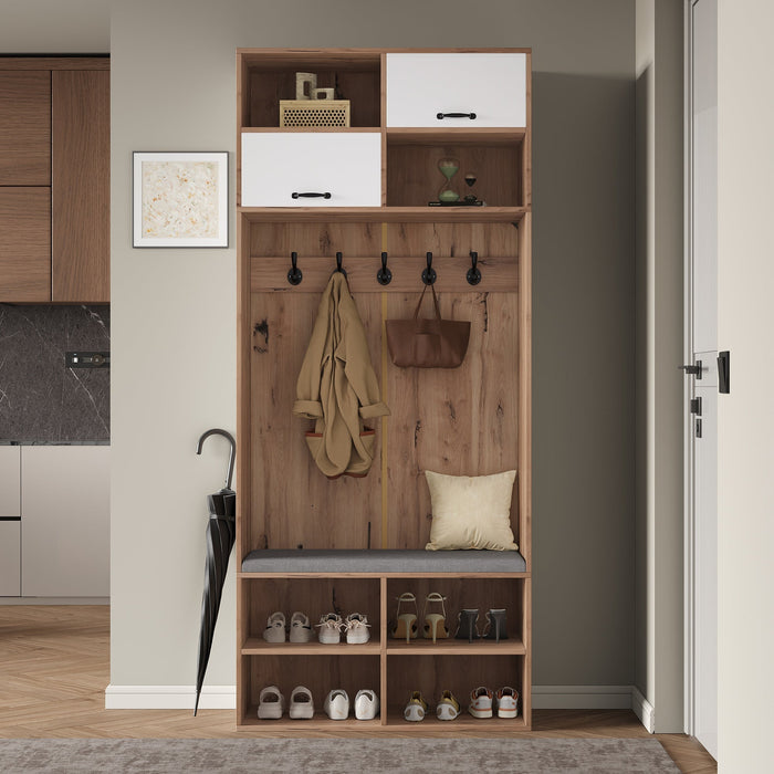 Wardrobe Set Hallway Bench 5 Hooks 2 Doors 6 Storage 80x185x35cm, Natural Wood/White