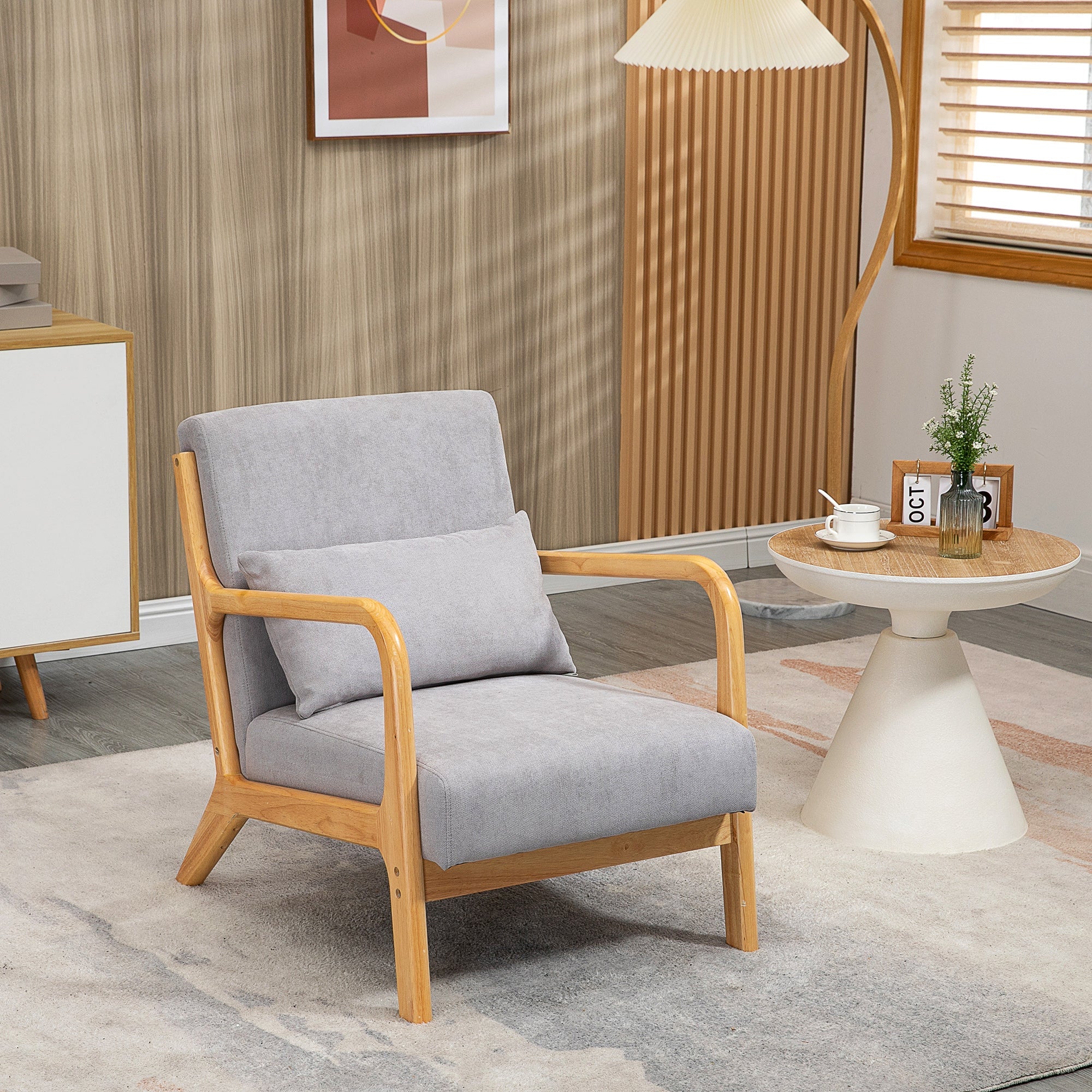 Armchair Lounge Chair Lumbar Cushion S-Spring Wooden Frame, Grey Velvet Look