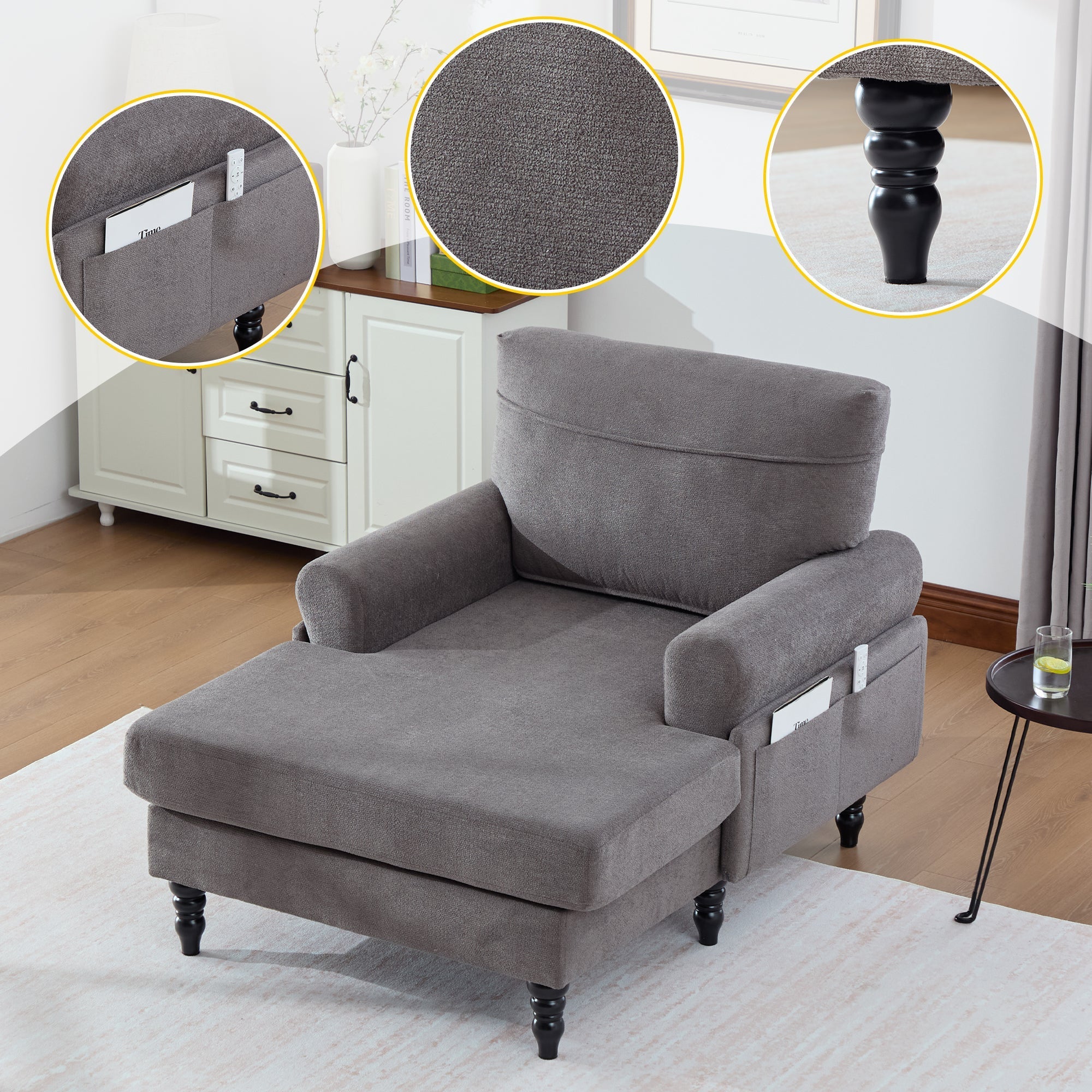Modern Minimalist Lounger Single Sofa with Wooden Legs and Side Pockets, Chenille Fabric