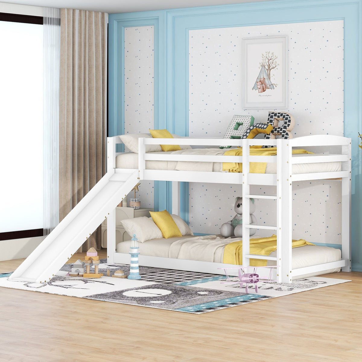 Bunk Bed 90x200cm with Slide, Solid Wood Frame for Kids & Teens, White