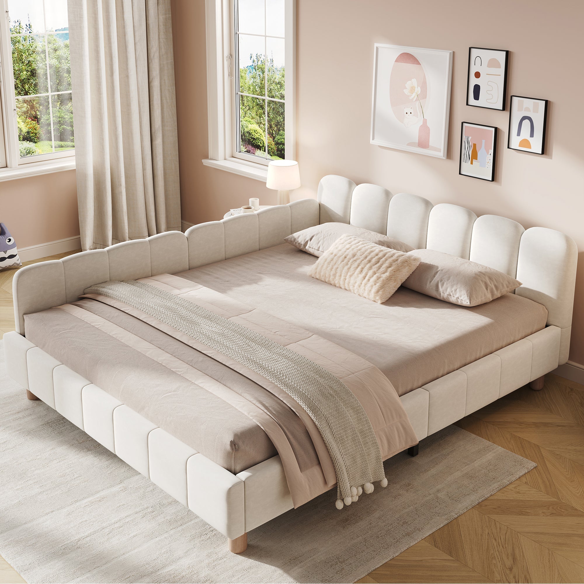 Upholstered Children's Bed with Safety Rail and Solid Wood Legs, 140x200cm, Beige Velvet