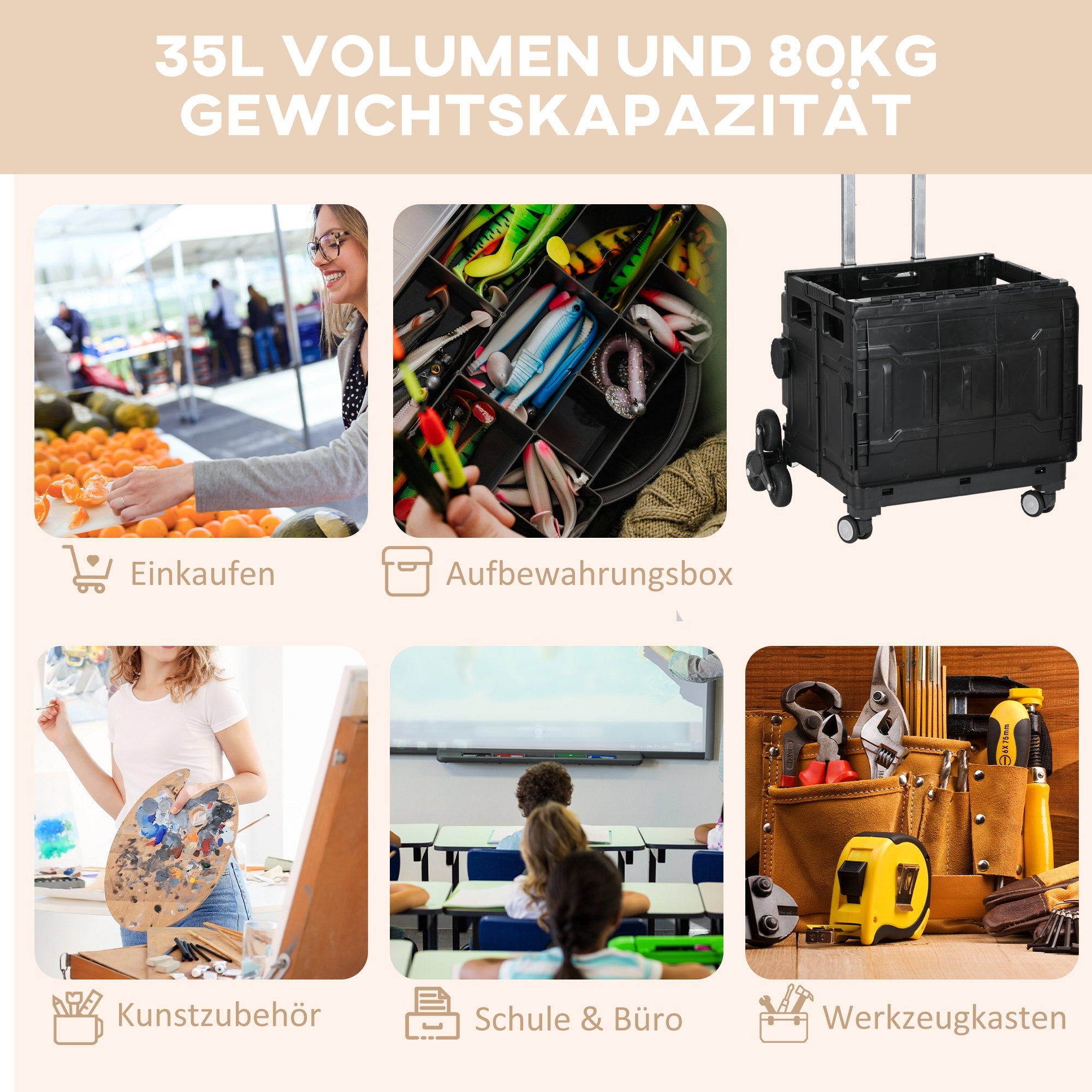 Foldable shopping trolley, 80 kg portable, adjustable handle, stair climber, with lid