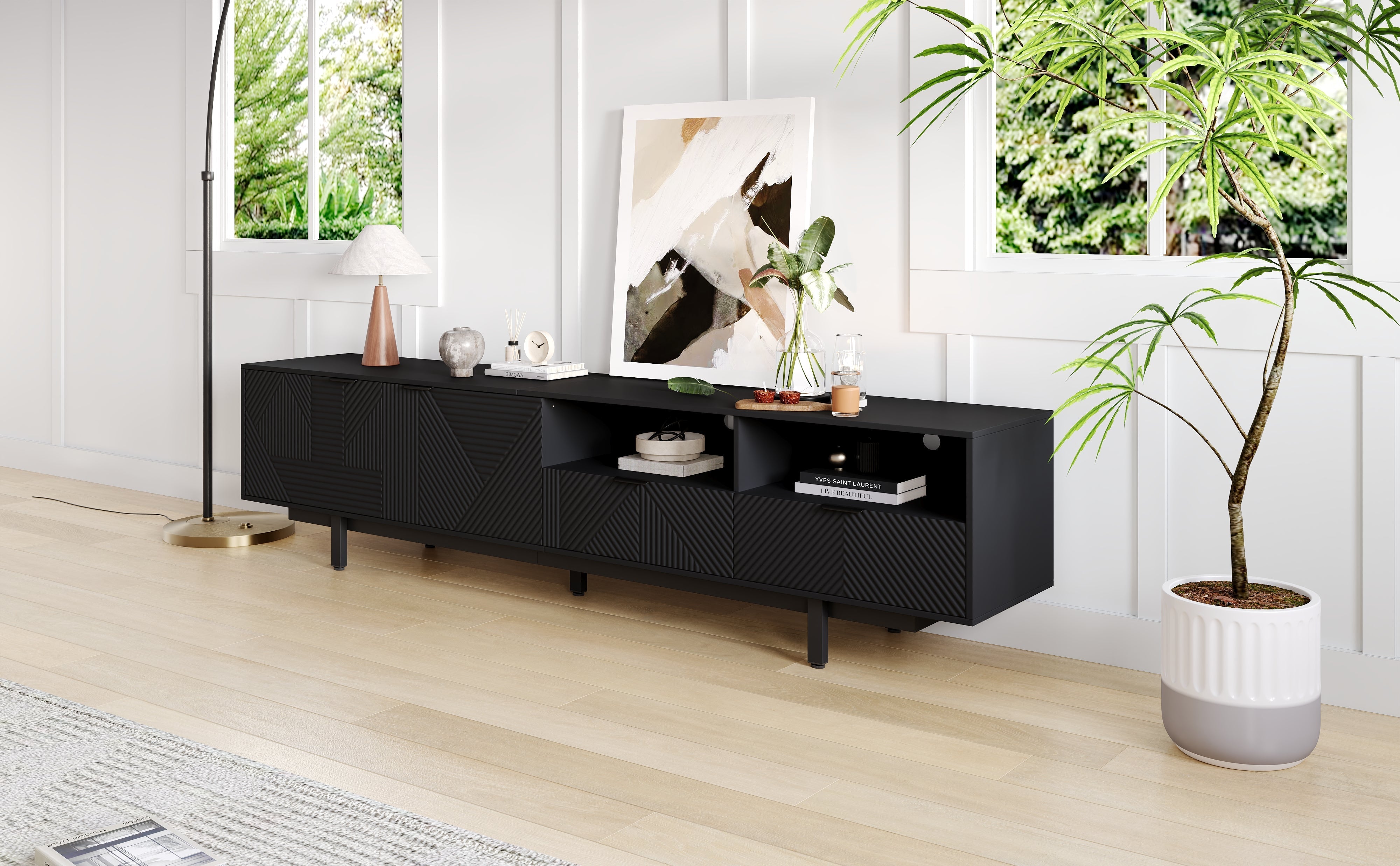 TV Cabinet Entertainment Center with Storage, Black Geometric Lines, Modern Bohemian Style