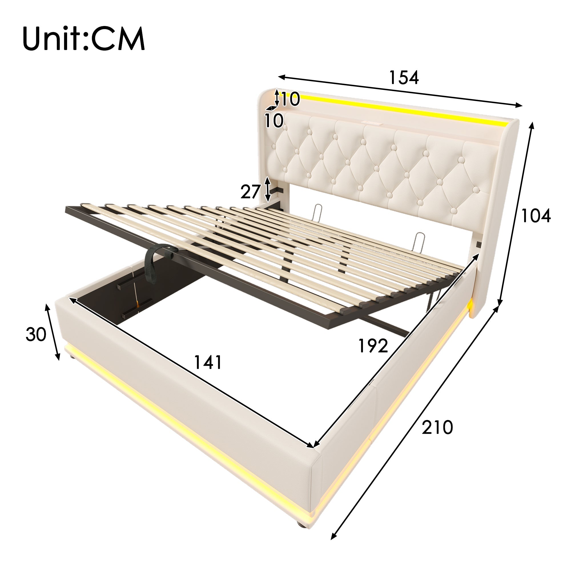 Upholstered Double Bed with Hydraulic Storage, 360° LED and USB Type-C, 140x190cm, White PU Leather