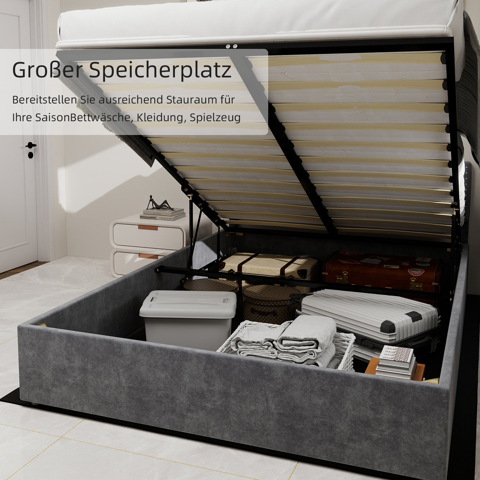 Modern Minimalist Soft Bed, 140*200CM, High Box Bed, Gray