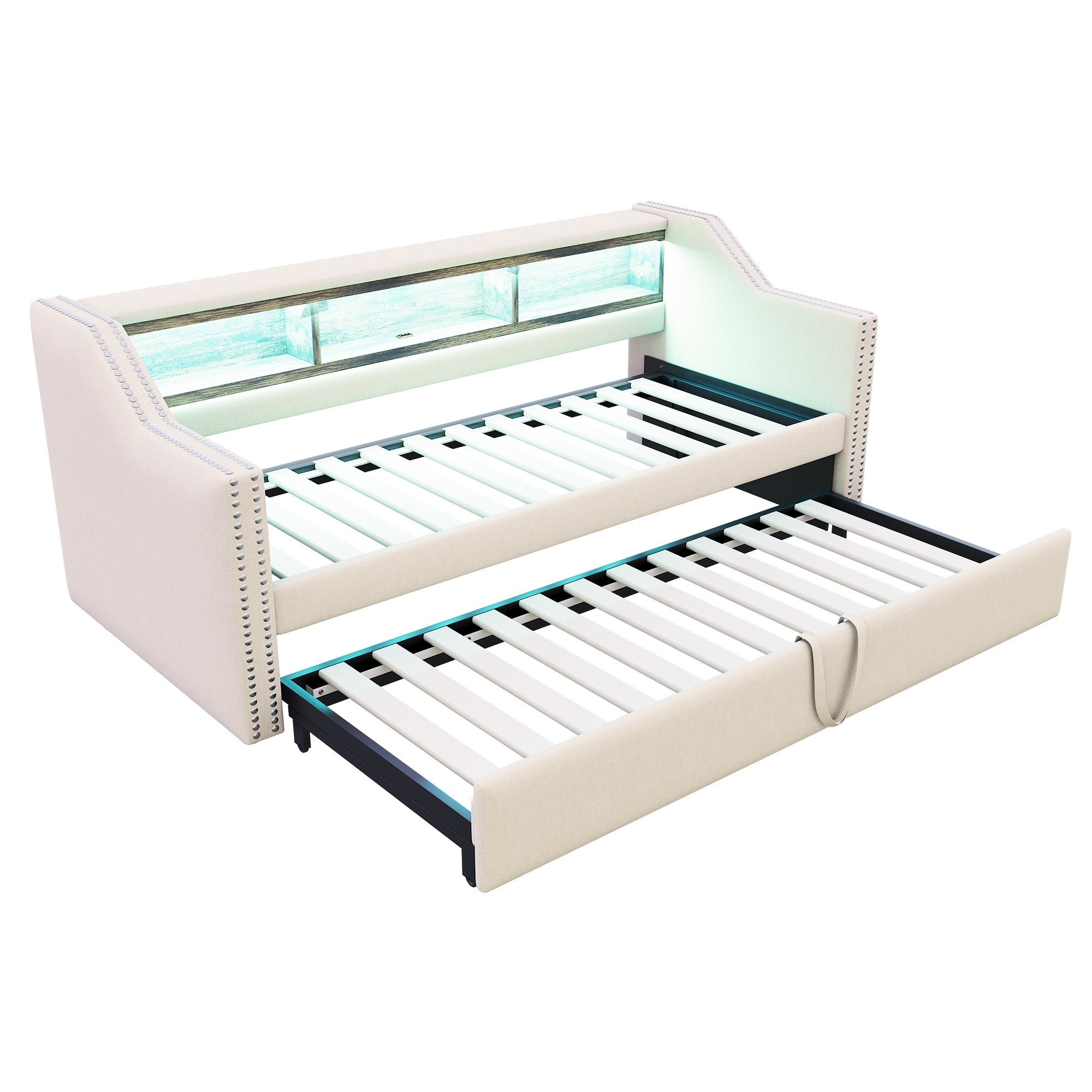 Upholstered Sofa Bed, Pull-Out with Storage, LED & USB, Beige