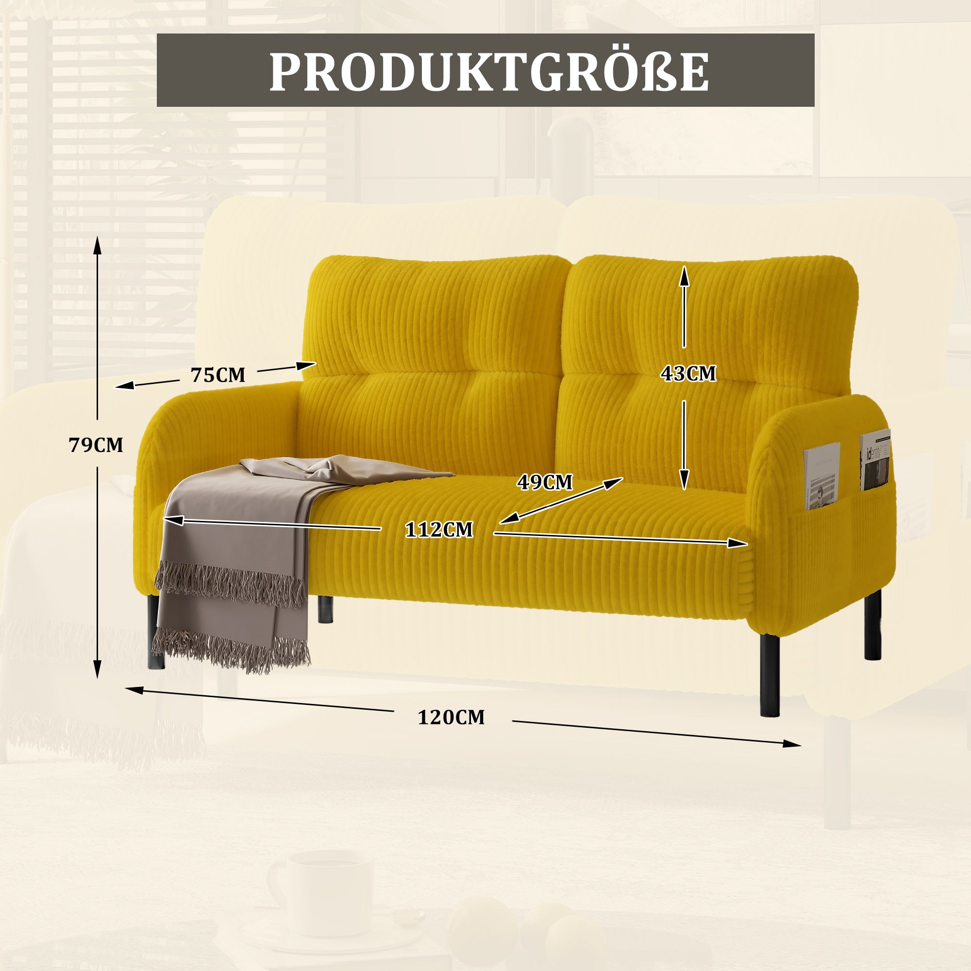 Corduroy Two-Seater Sofa Comfort Padding High Backrest Side Pockets Metal Feet, Corduroy Fabric