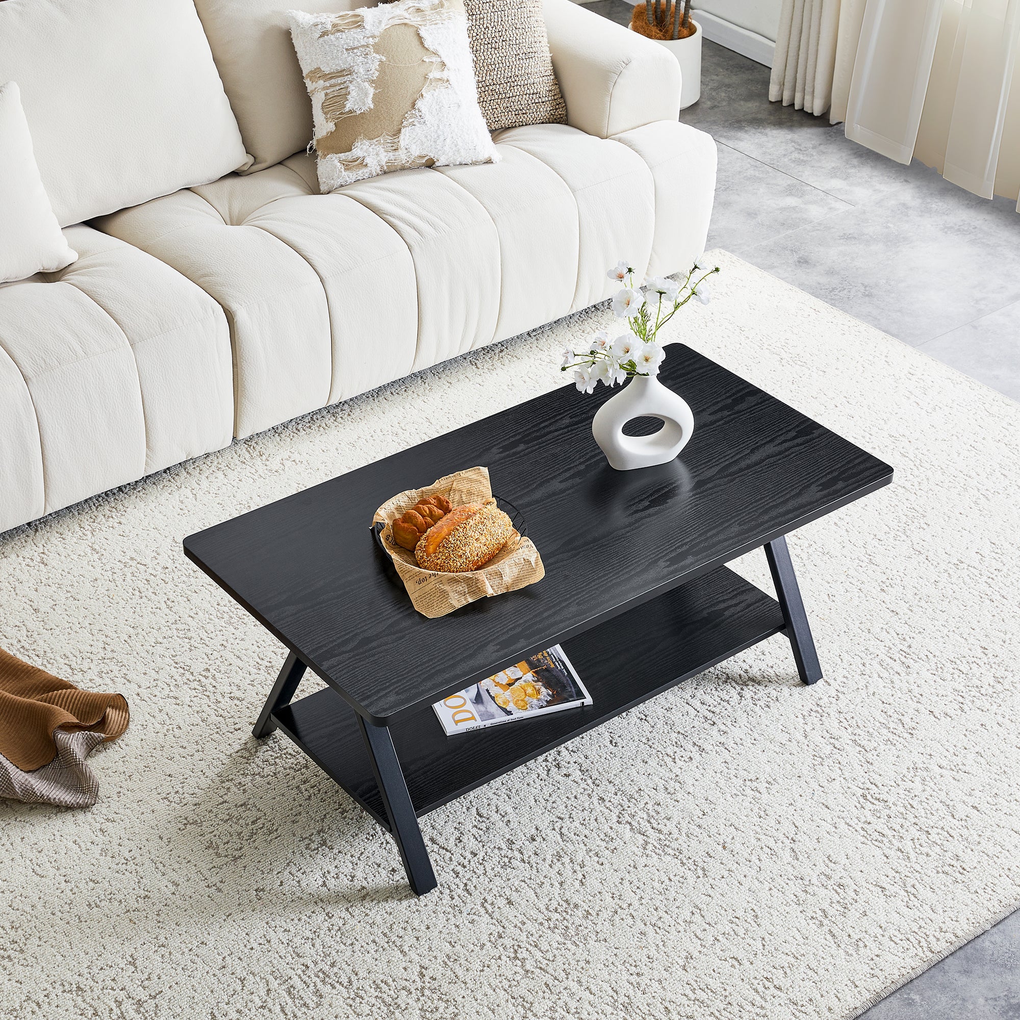 Modern Industrial Coffee Table with Storage Shelf and Metal Frame, 110x57x44.5cm, Black Wood Grain