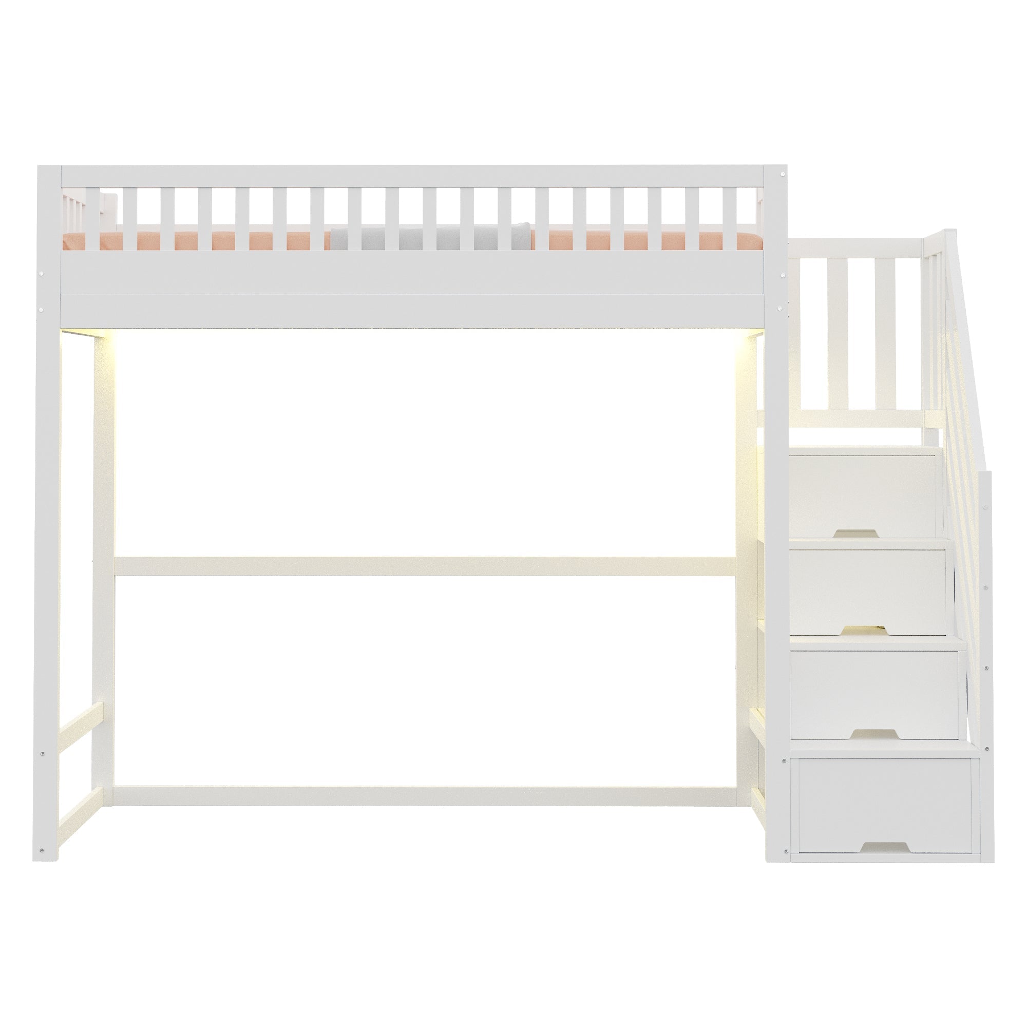 Loft Bed with LED Light Strip and Interchangeable Safety Ladders, 90x200cm, White Solid Pine Wood