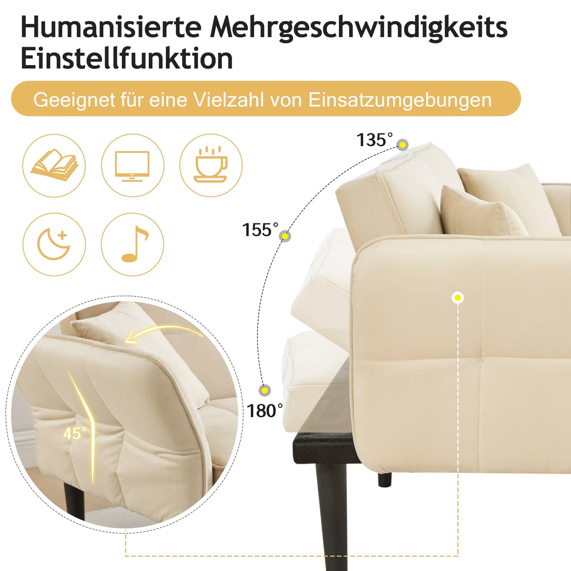 2-in-1 Adjustable Sofa Bed, Two-seater with Folding Armrests and Sleeping Function, Velvet