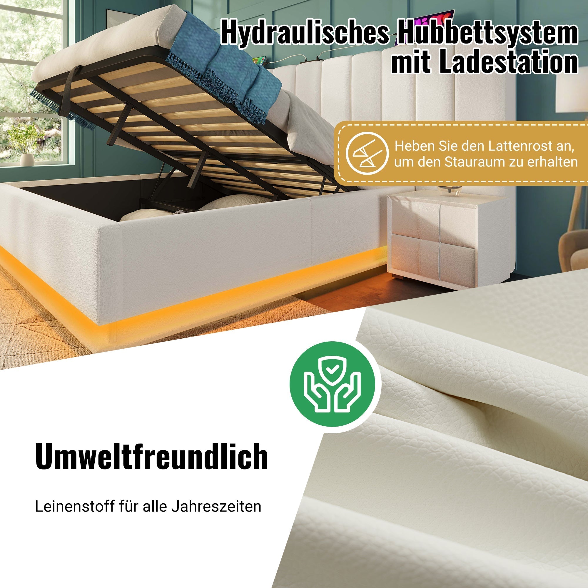 Upholstered Bed 180x200, Double Storage with App Control LED & USB-C, White PU