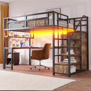 Metal Loft Bed with Storage Ladder, Wardrobe, Table, Shelf and LED, 140x200cm, Black Metal