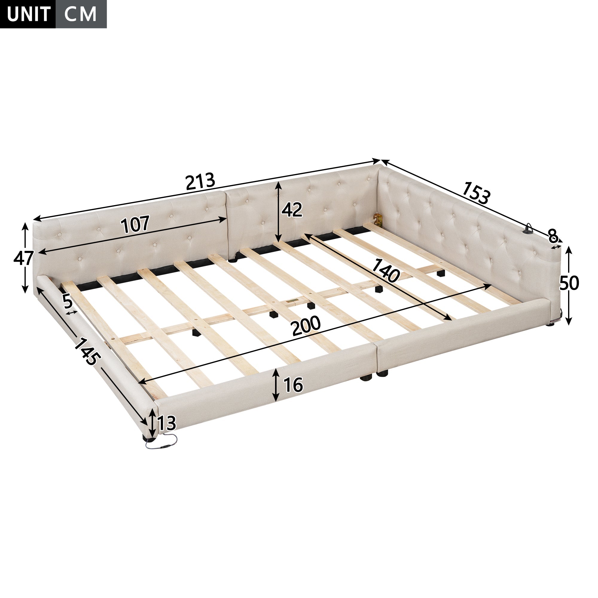 Sofa Bed 140x200cm LED Light USB/Type-C Button Tufting - Beige Linen