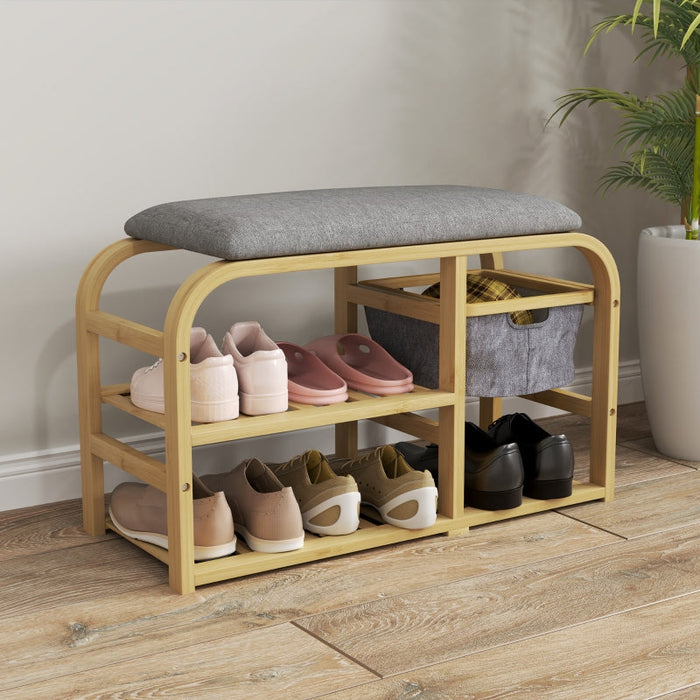 2-Tier Shoe Bench, Extendable Basket, 2 Shoe Shelves, Bamboo Grey