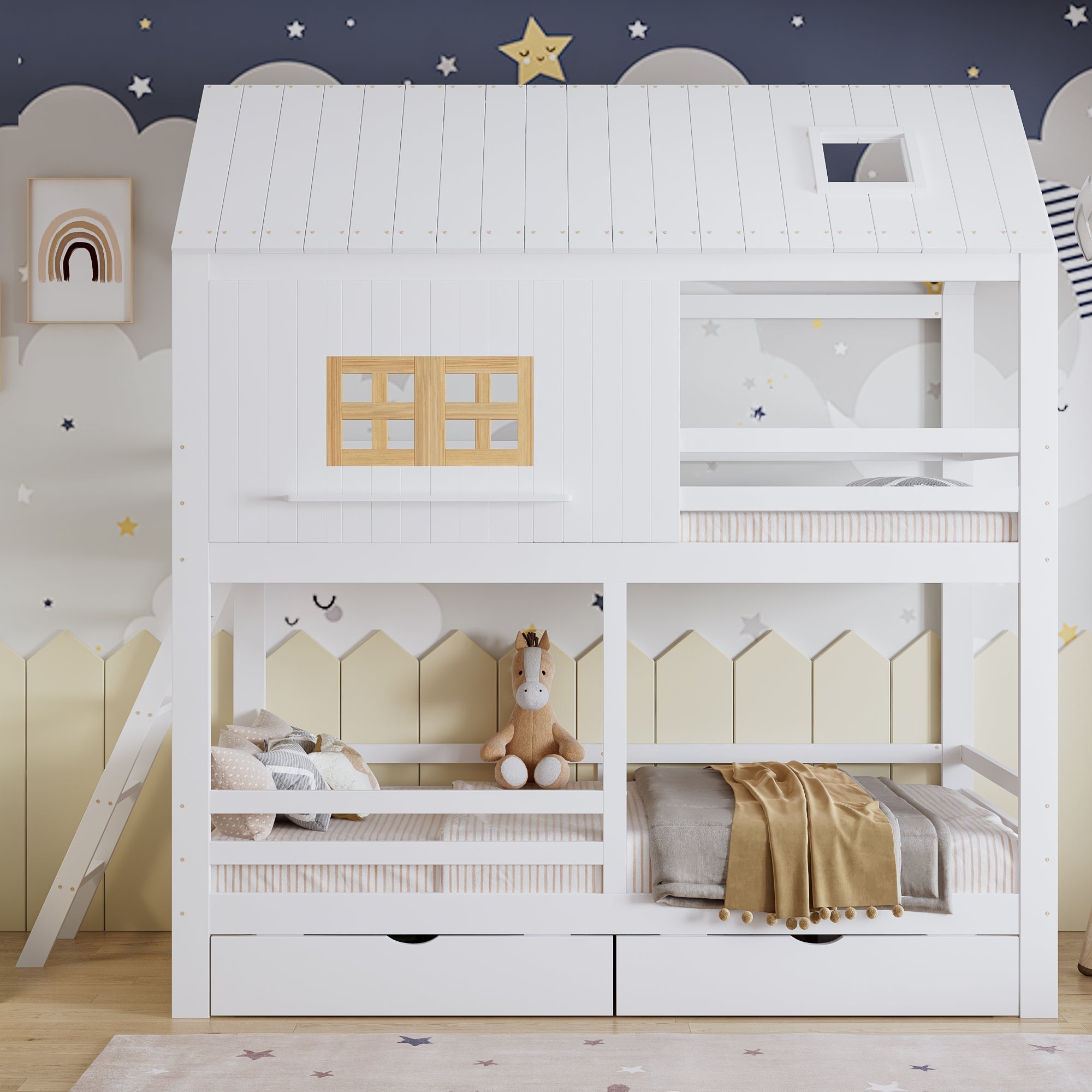 Bunk Bed 90x200cm House Design 2 Drawers Ladder - White/Natural