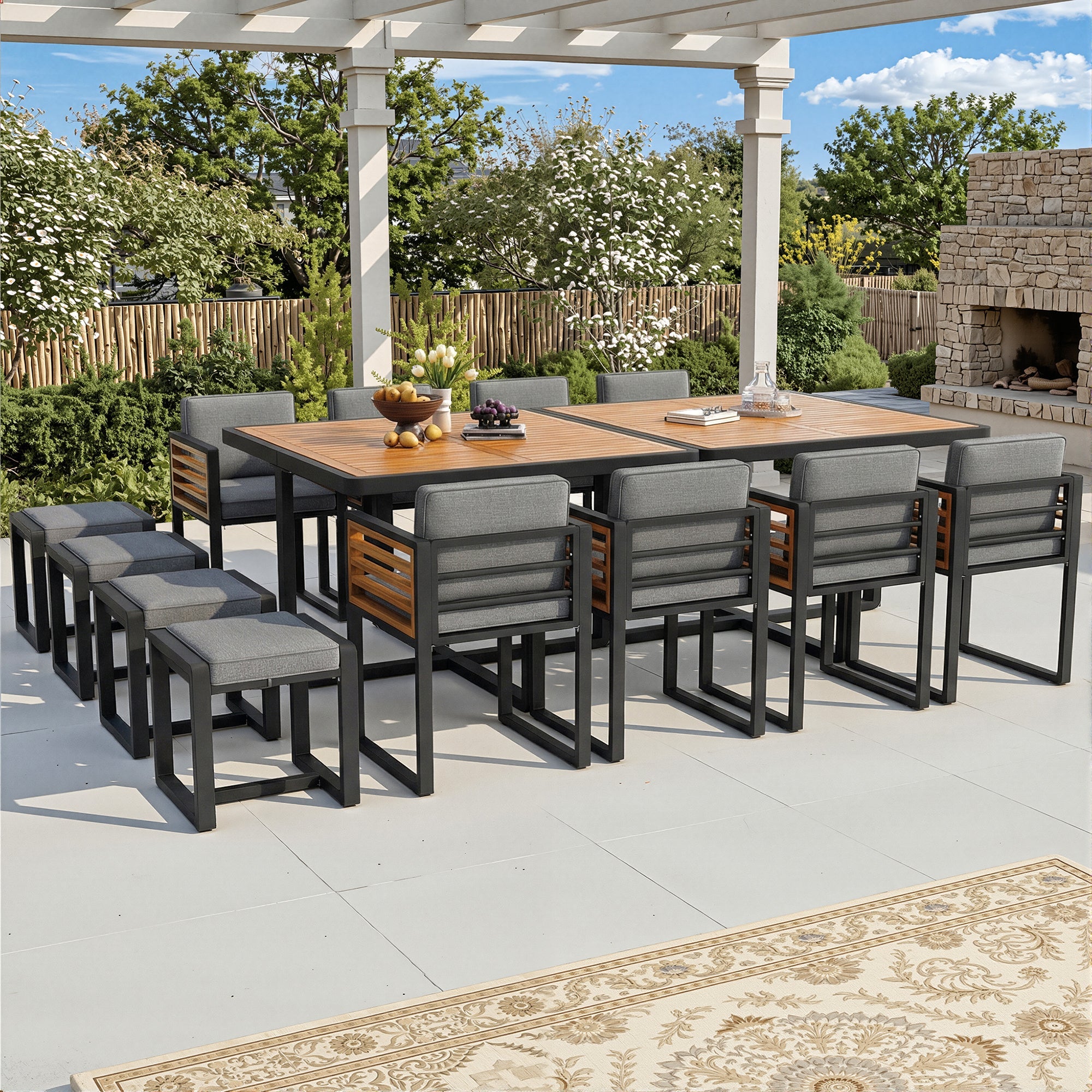 Garden Furniture Set with 12 Chairs and Dining Table, Solid Wood Tabletop
