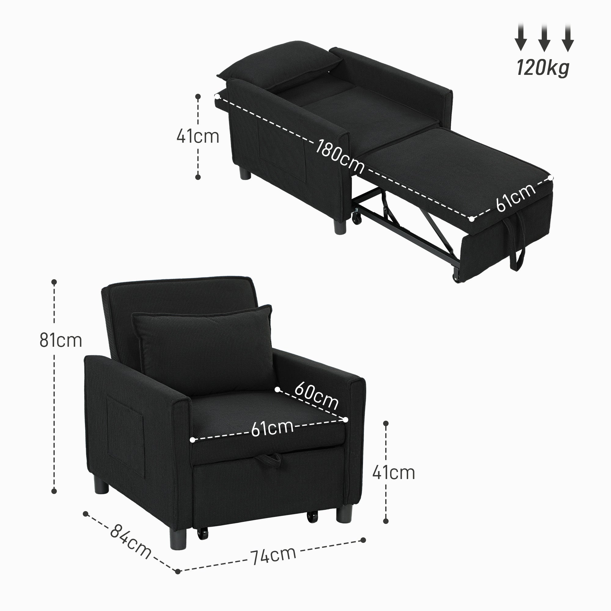 3-in-1 Sleeper Chair Folding Bed Recliner Adjustable Support Corduroy Black