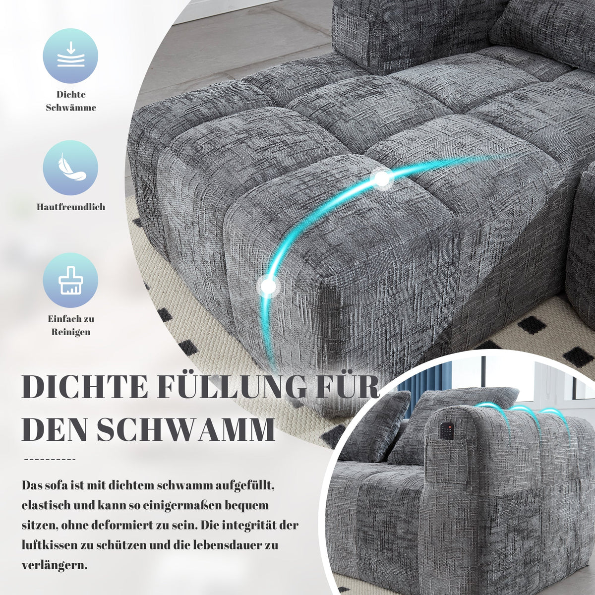 Modern Sectional Sofa L-Shaped 3-Seater Chaise Longue Storage Pocket Chenille Grey