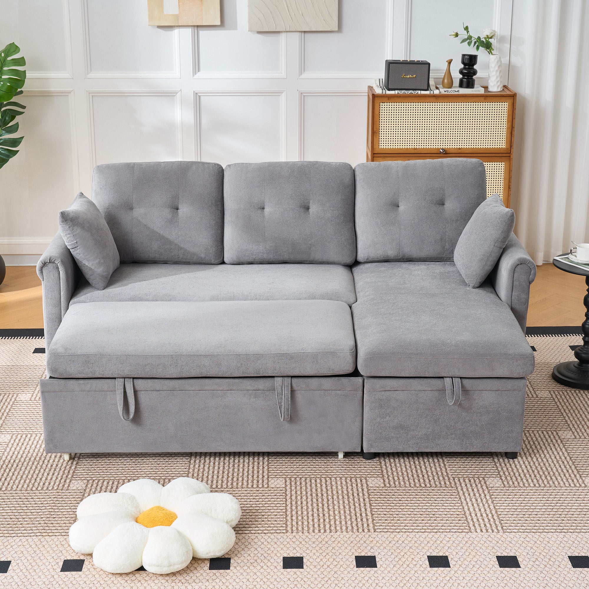 L-Shaped Corner Sofa Bed with Storage, Sleeping Function, Reversible, Chenille Grey