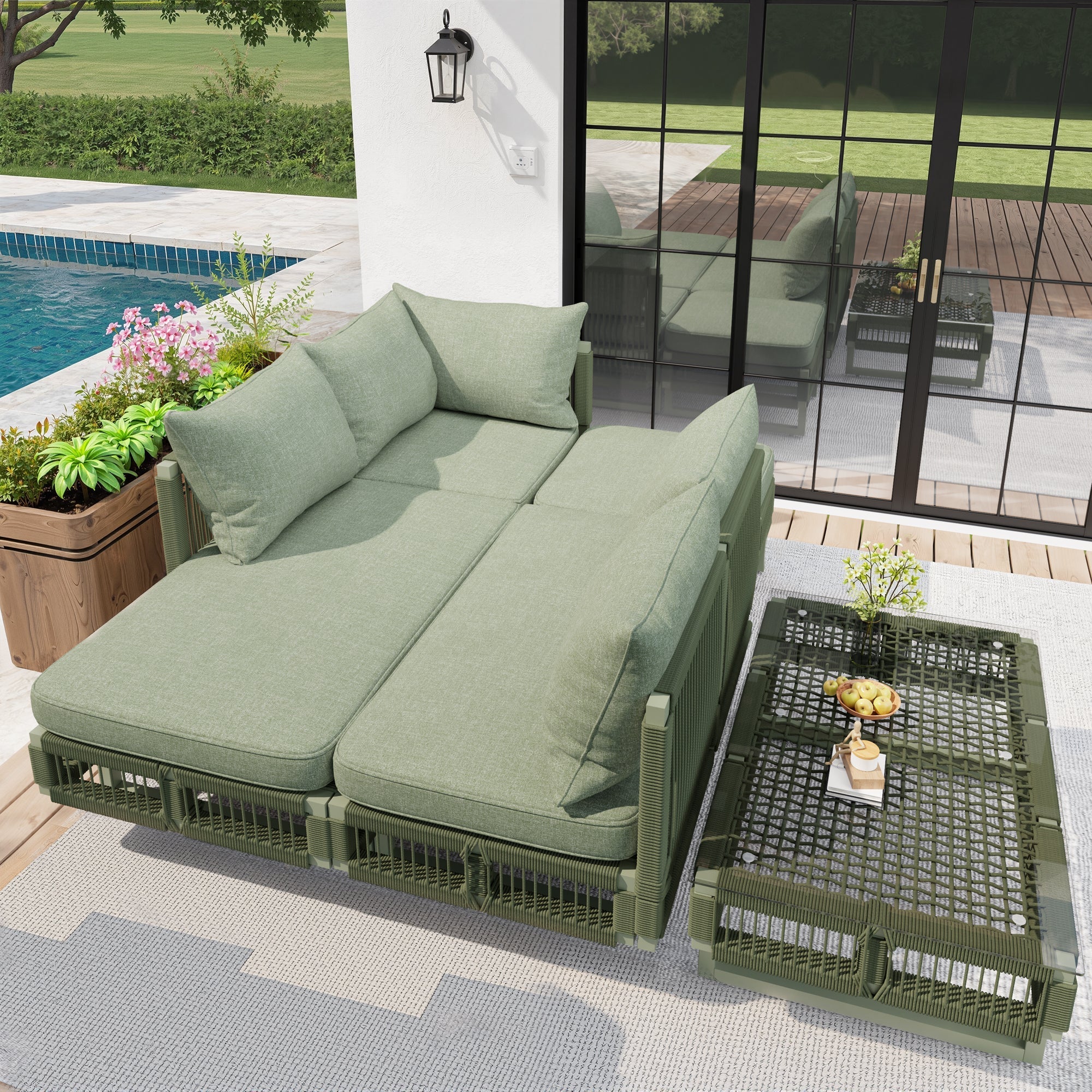 Outdoor Seating Group with Rope Weave, Adjustable Feet and Glass Coffee Table, Beige/Green