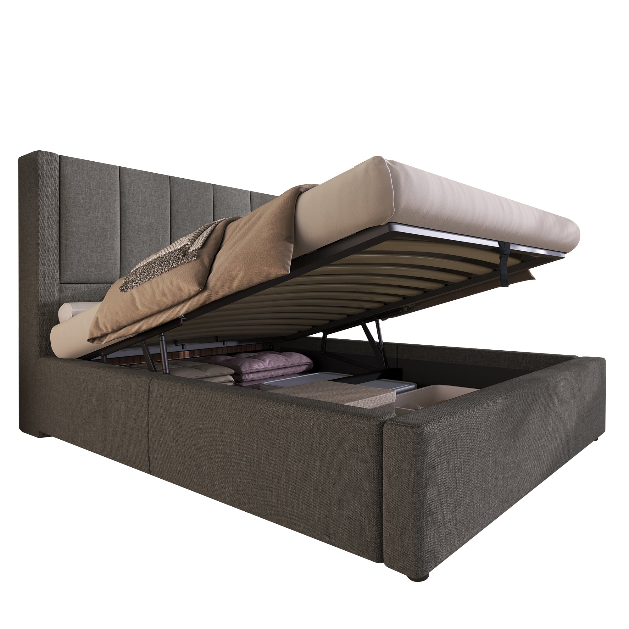 Upholstered Single Bed 90x200cm Hydraulic Storage Cup Holder Charging Station - Linen Grey (With Mattress)