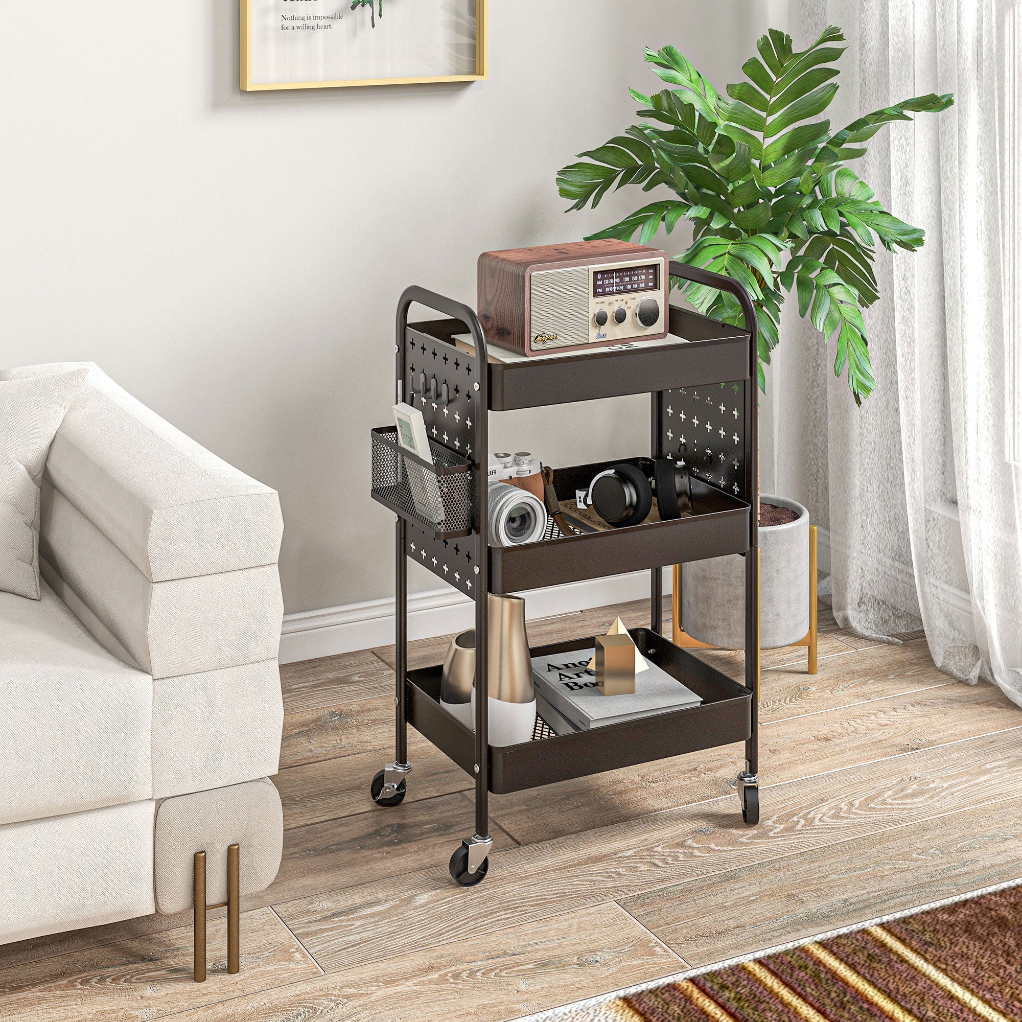 Rolling Serving Cart, 3 Tiers, 2 Hanging Baskets, Kitchen, Steel Black