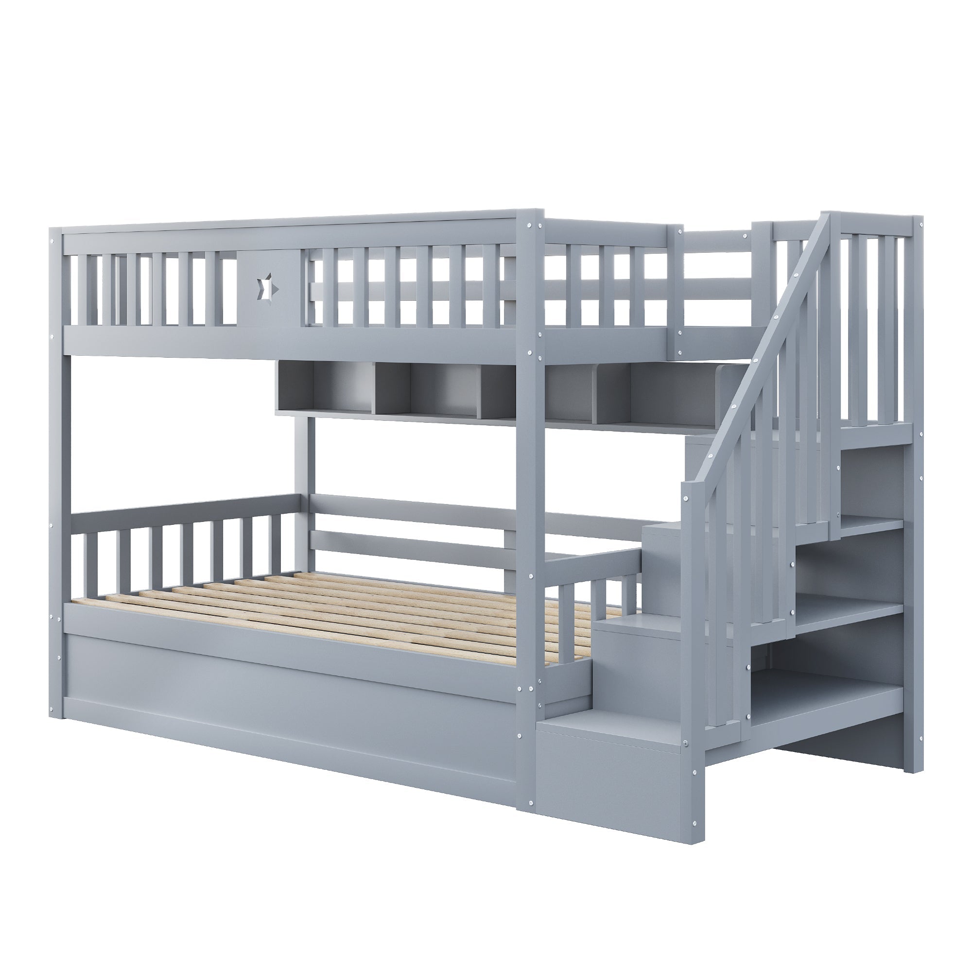 Wooden Bed 90x200cm Hydraulic Storage Stairs Shelves Loft Bunk Youth Bed, Grey