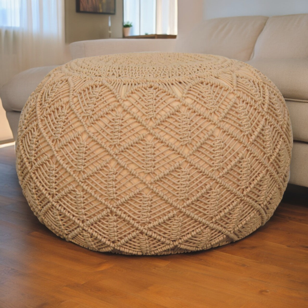 Ansley Versatile Cotton Pouffe, Beige Fabric