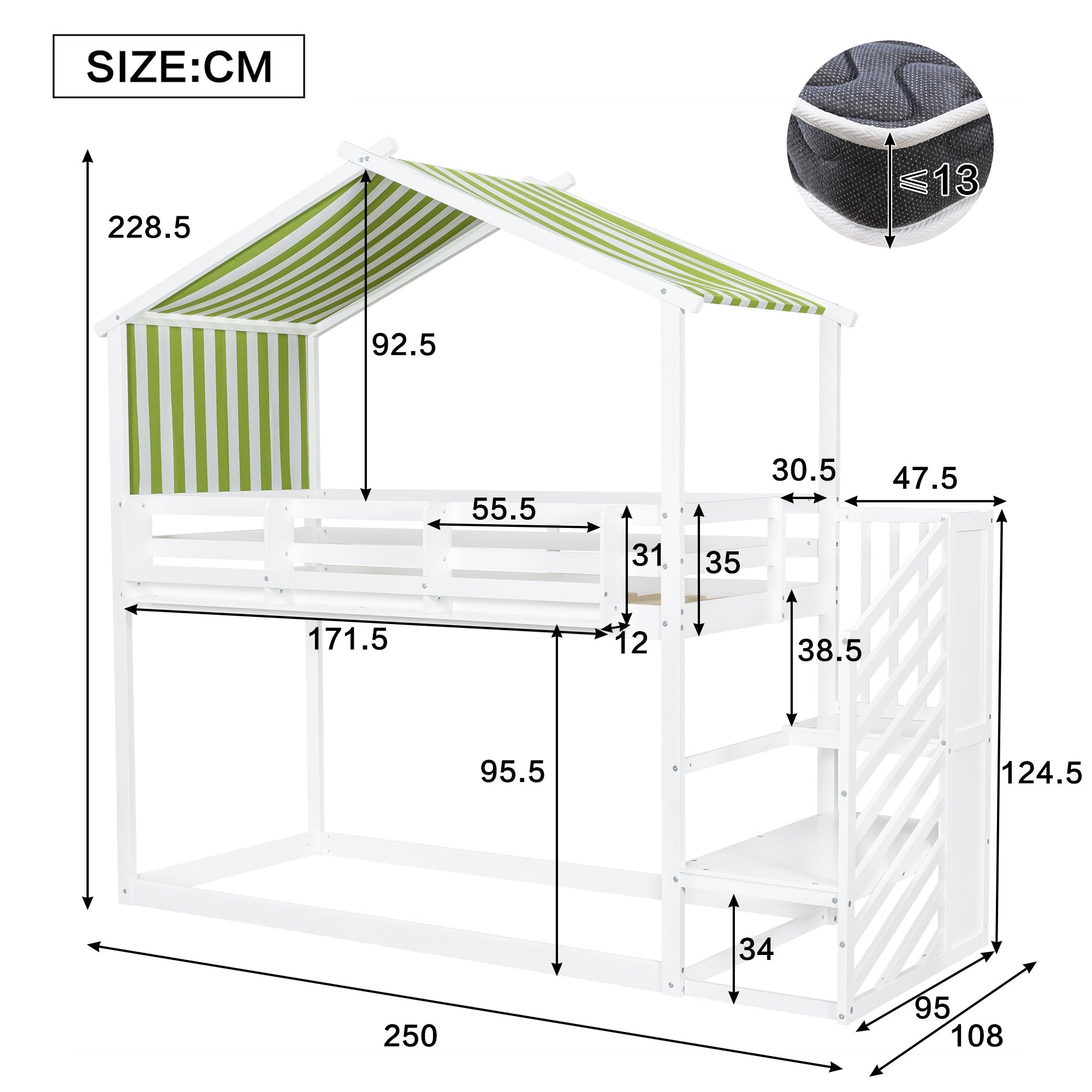 Bunk Bed with Decorative Canopy, Corner Staircase & Picture Bookshelf, 3ft 90x190cm, MDF Pinewood Plywood, White + Green