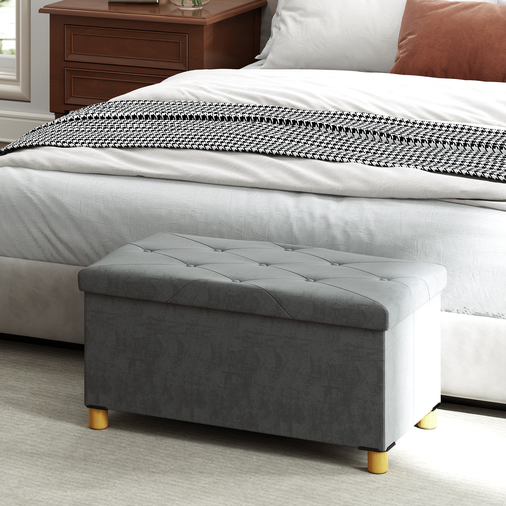 Bench with Storage, Foldable Upholstered, Velvet Look, Gray