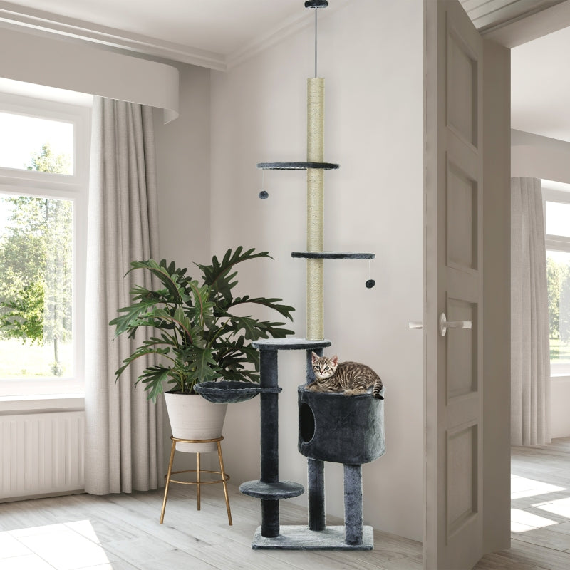 Katzenkratzbaum, mehrstufig mit Spielbällen, Hängematte, Sisalstämmen, Dunkelgrau