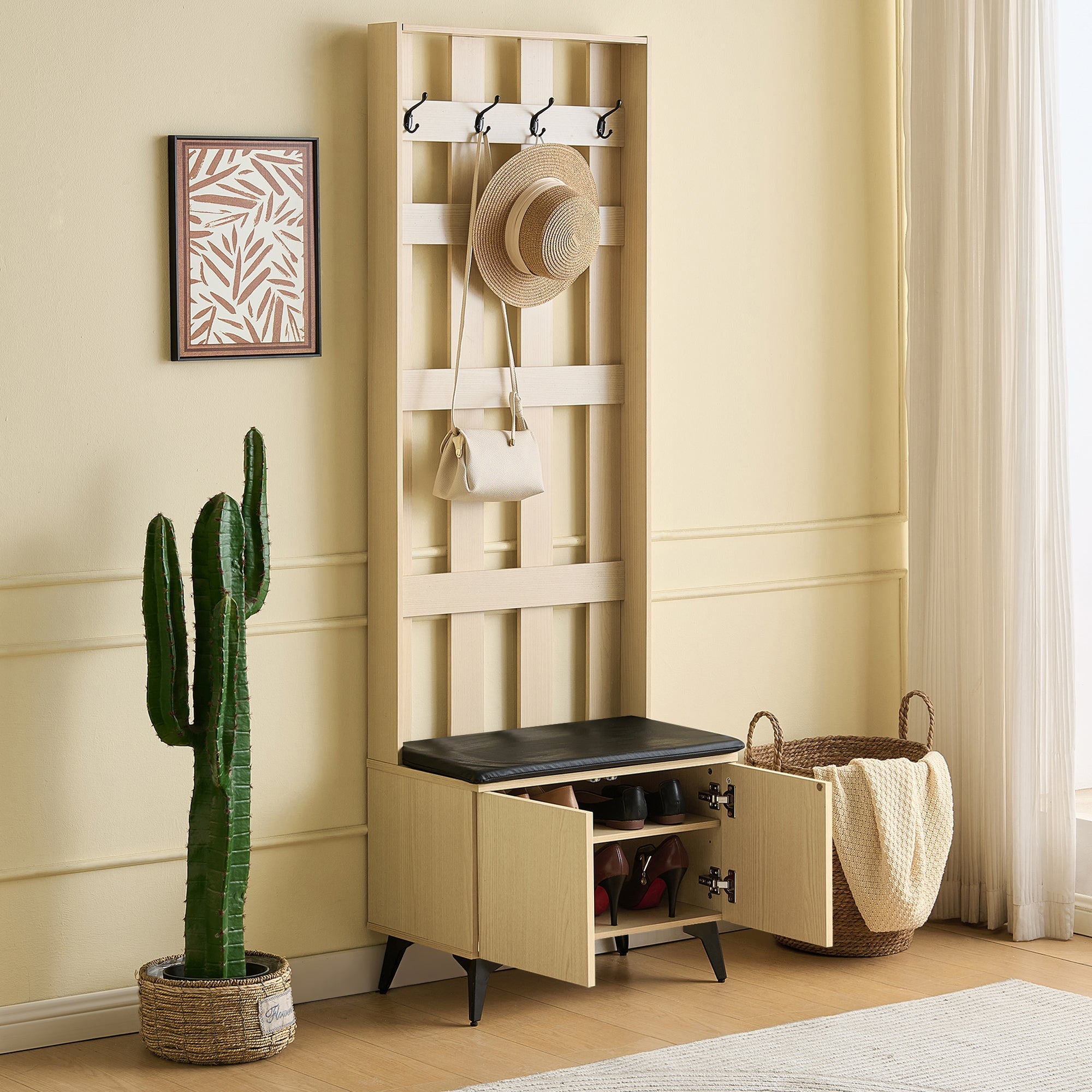 Modern Wardrobe with Bench and 4 Hooks, Storage, Black Steel Legs