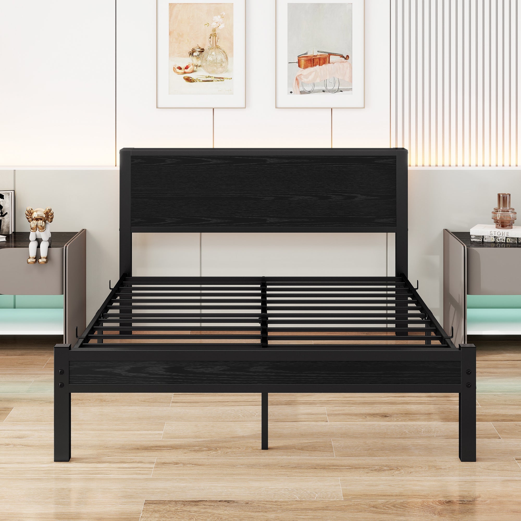 Metal Bed Frame 140x200cm Storage Headboard Noiseless - Black